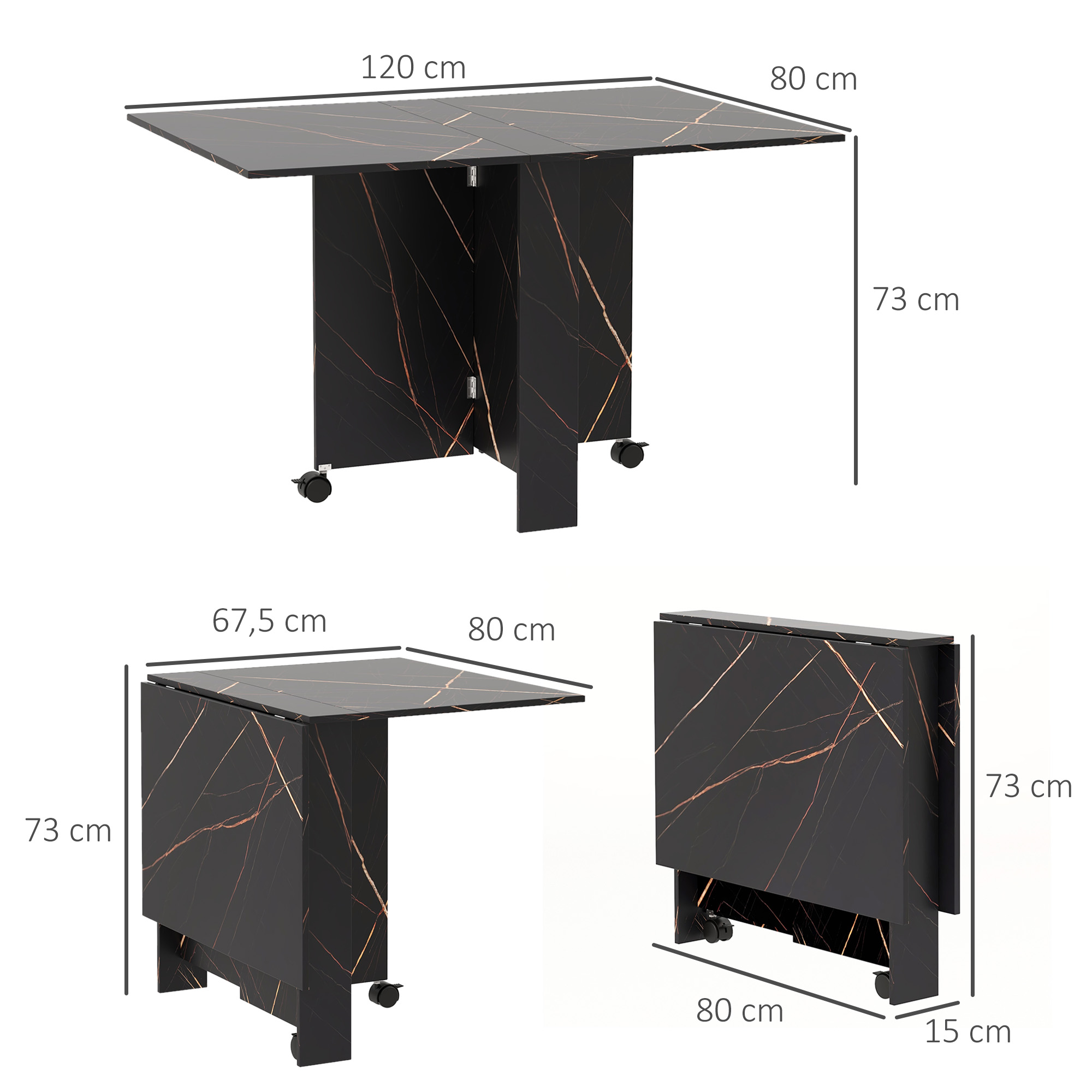 Mesa plegable negra efecto mármol con ruedas, se muestran las dimensiones.