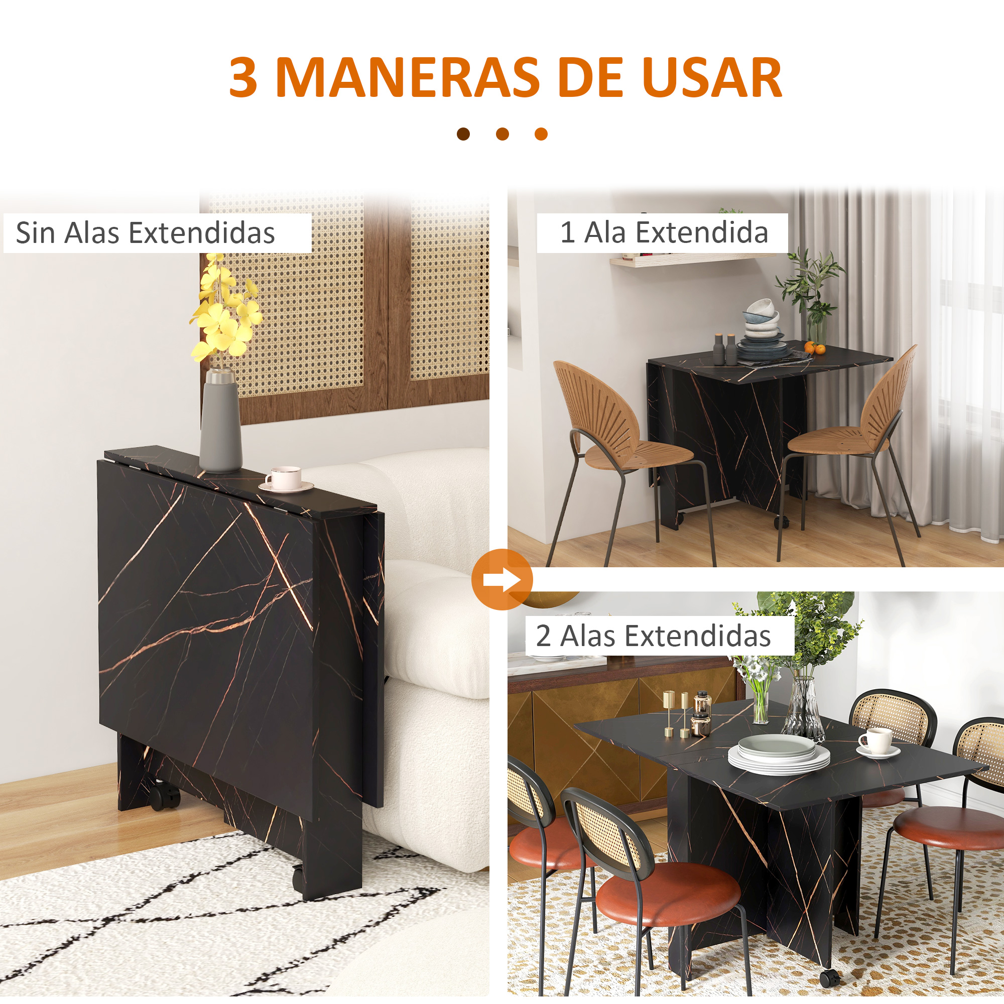Una mesa plegable en tres configuraciones: plegada, un lado extendido y ambos lados extendidos.