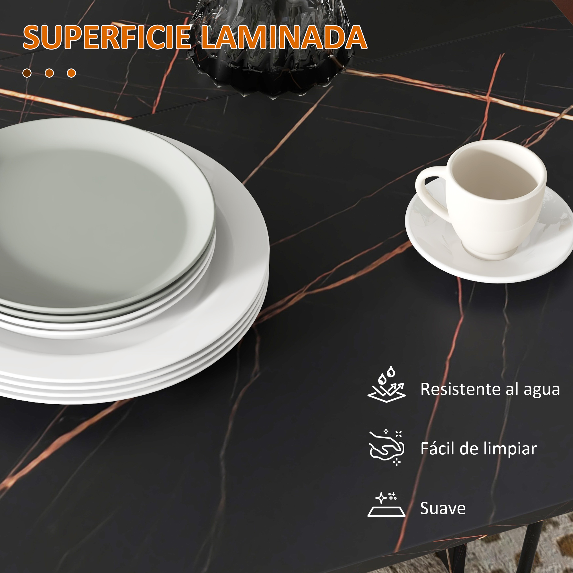 Mesa de mármol negro con platos y taza de café. Impermeable, fácil de limpiar, suave.