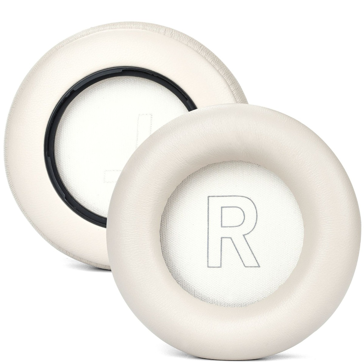 Due cuscinetti auricolari bianchi per cuffie, contrassegnati con 'R' e 'L'.