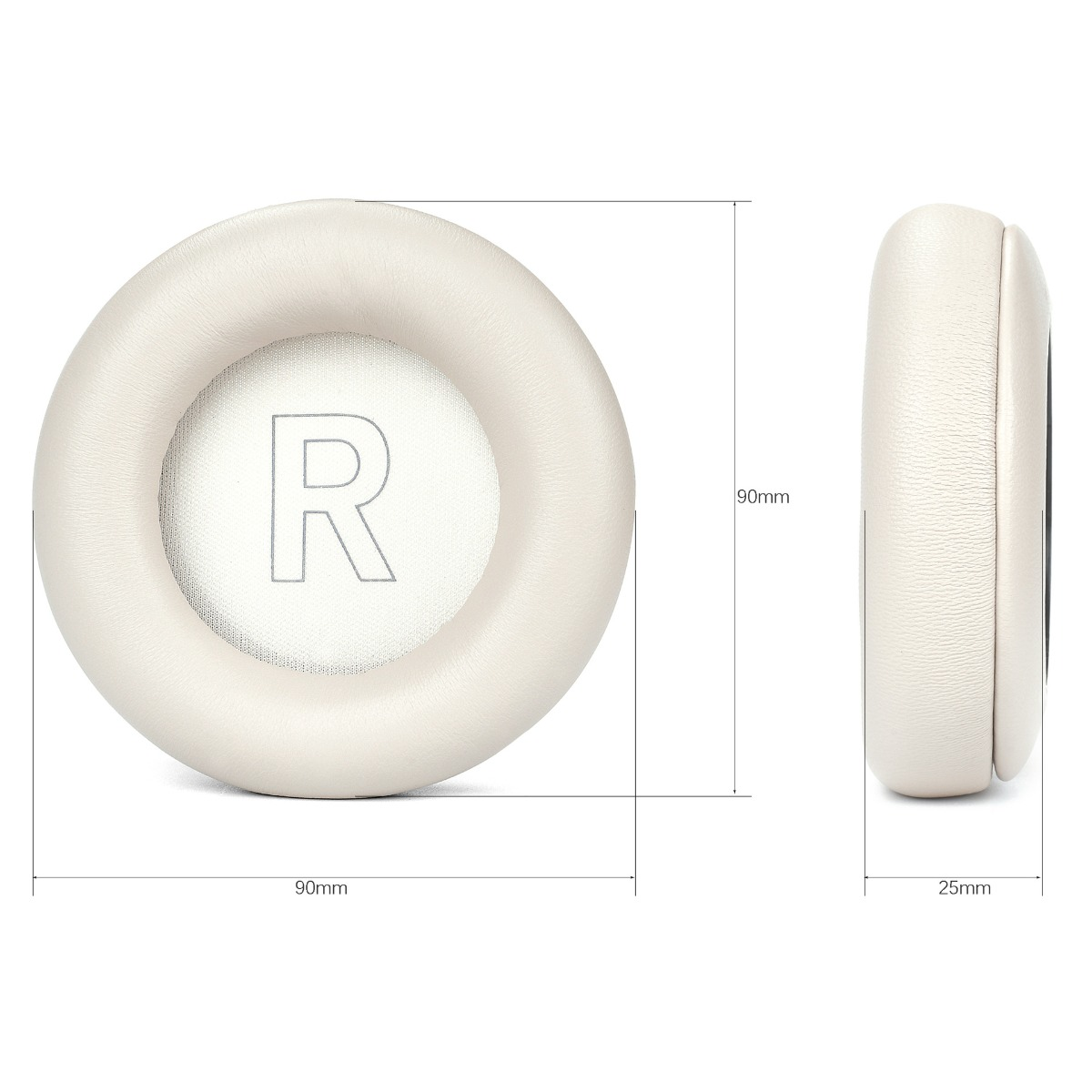 Cuscinetto auricolare beige con segno 'R'. Dimensioni: 90x90x25mm.