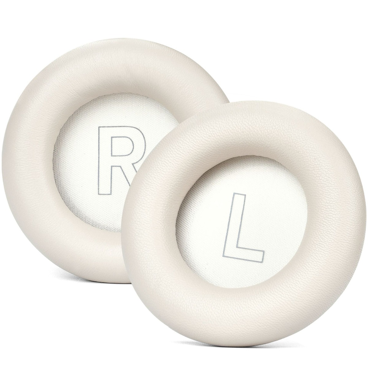 Cuscinetti auricolari beige per cuffie, contrassegnati L per sinistra e R per destra.