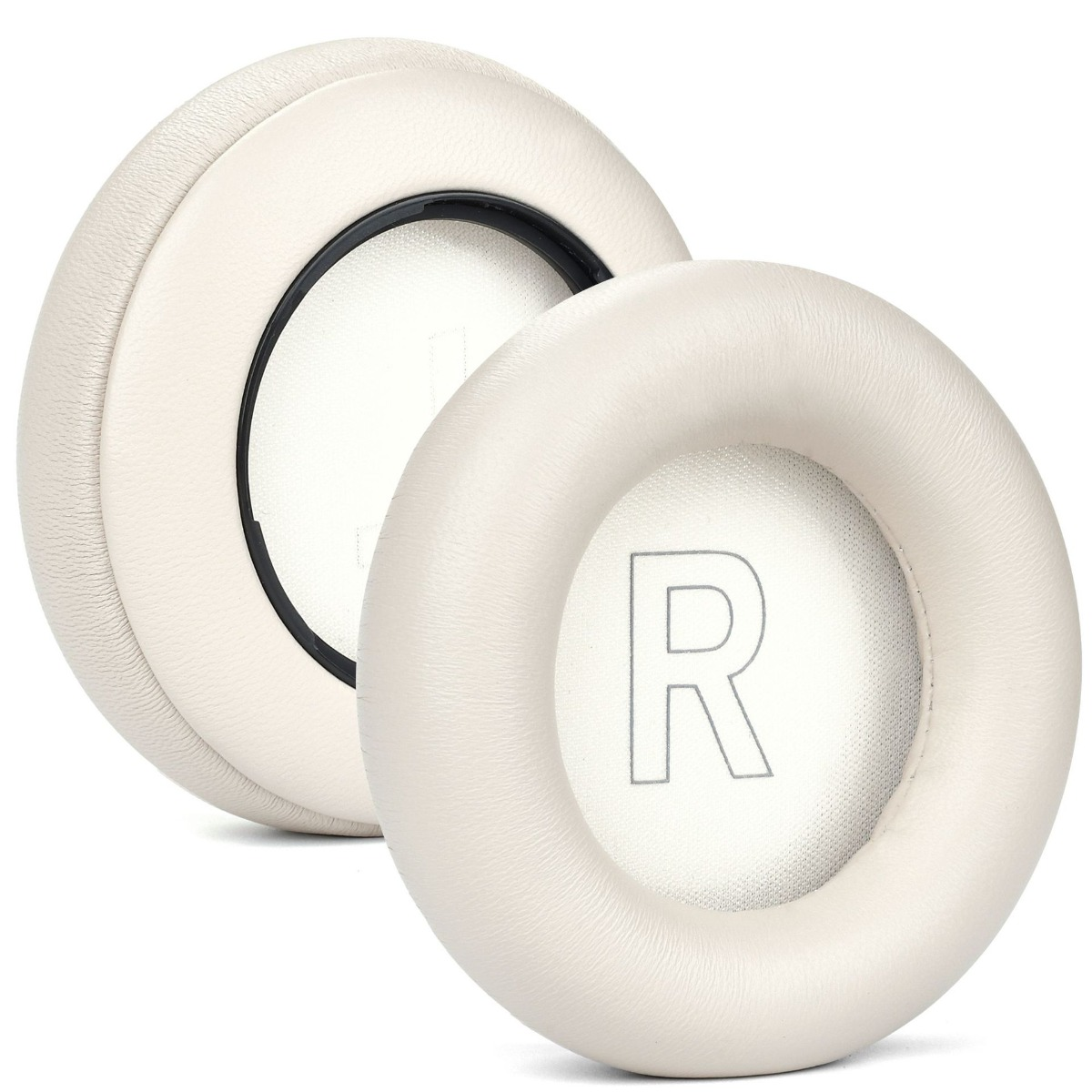 Due cuscinetti auricolari bianchi per cuffie, uno con simbolo "R".