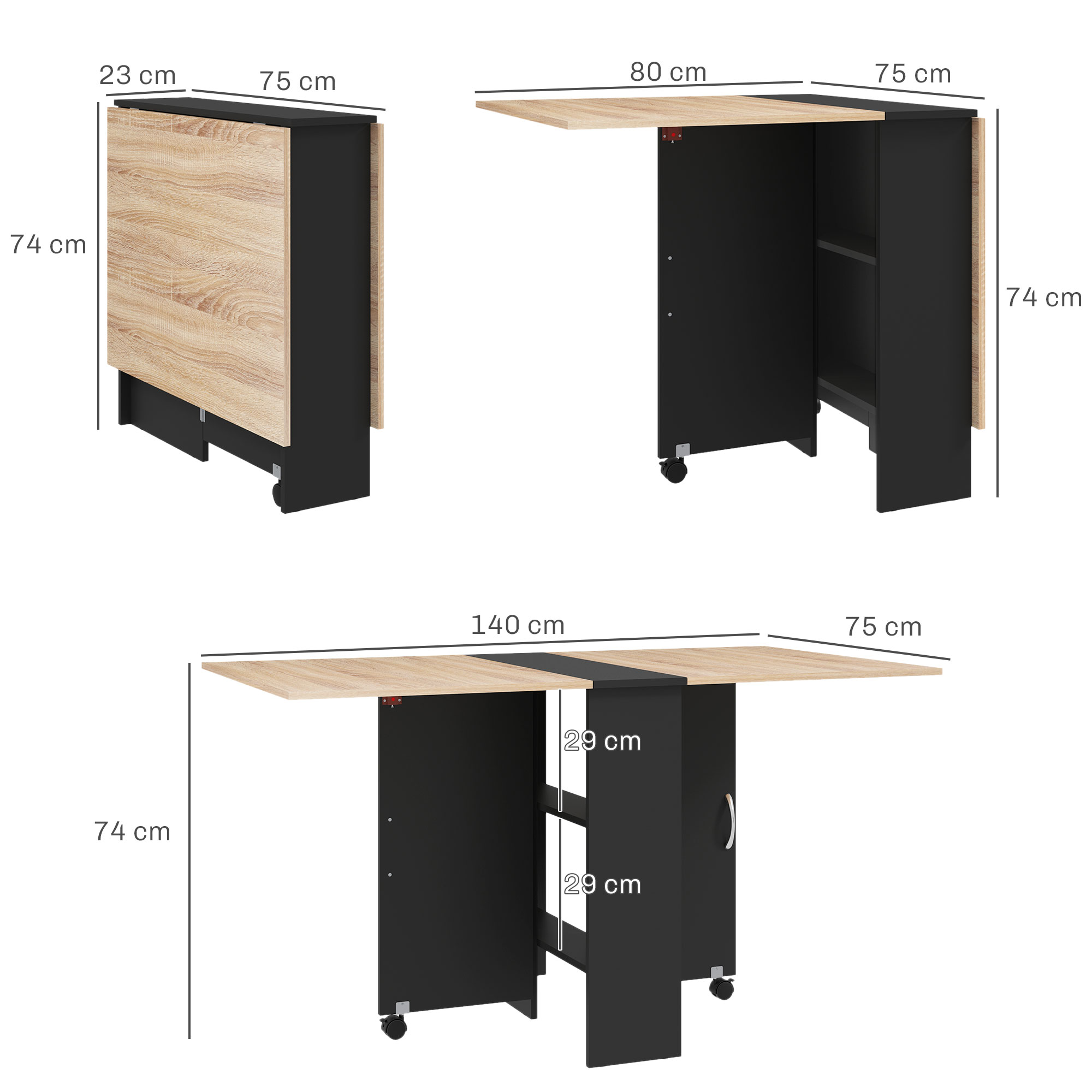 Una mesa plegable en tres configuraciones con dimensiones.