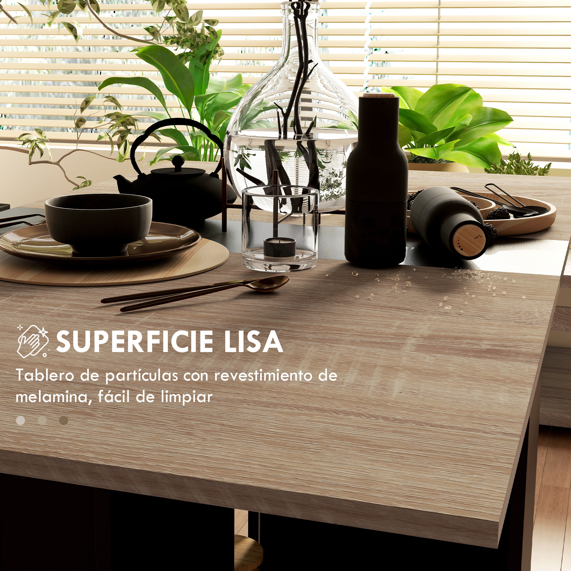 Mesa de madera con tetera, cuenco, jarrón y vela.