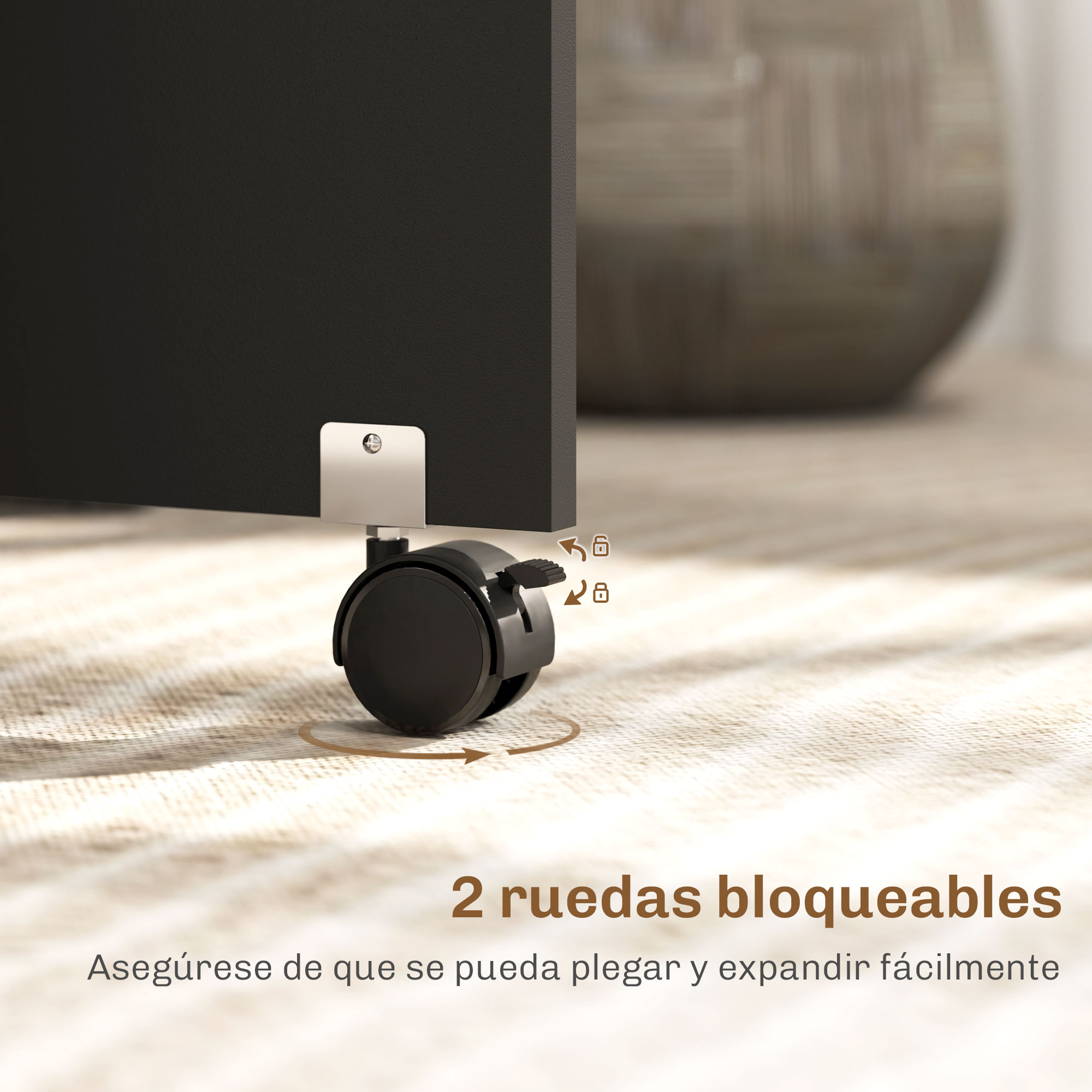 Una rueda negra con palanca en un mueble oscuro sobre alfombra.