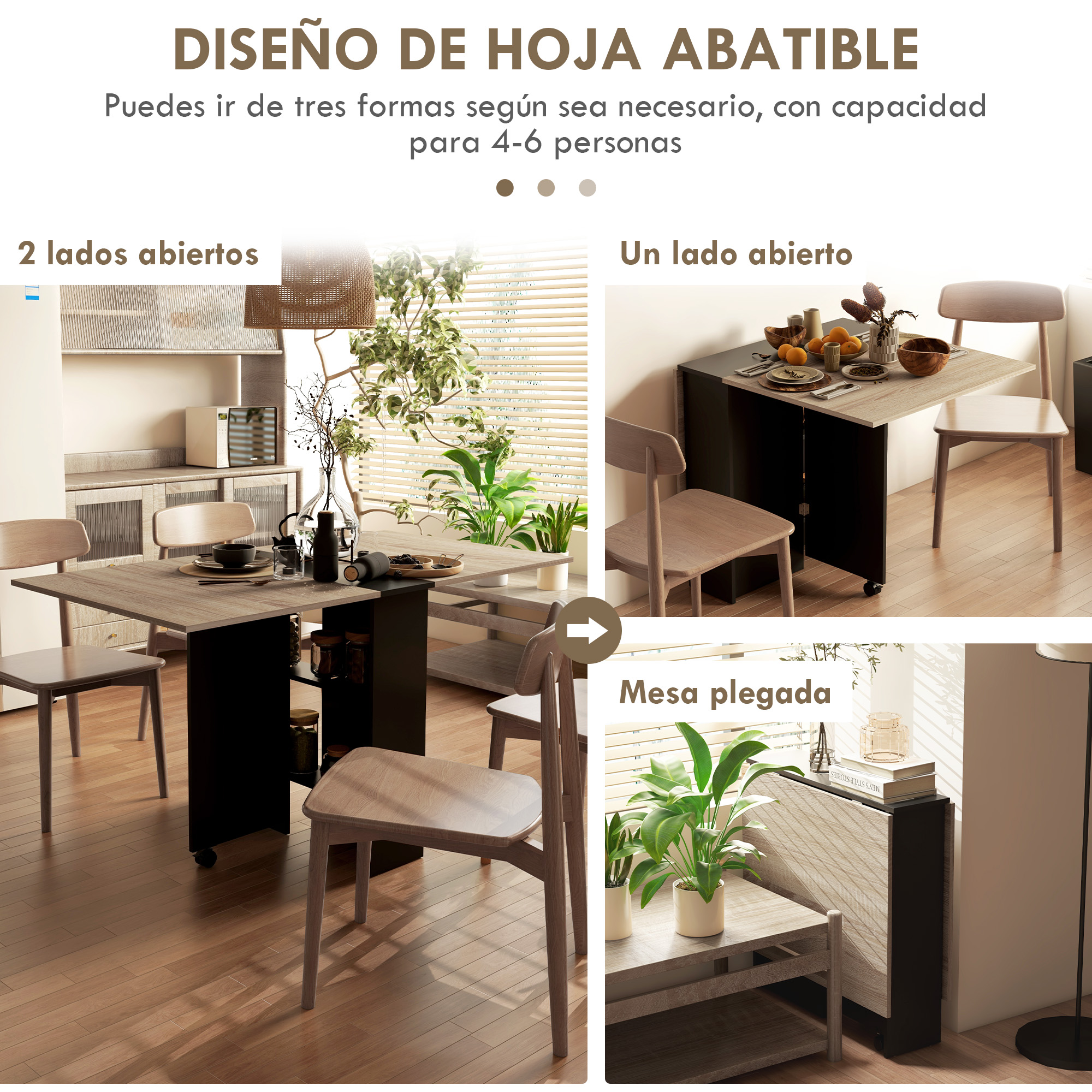 Una mesa abatible con sillas mostrada en varias configuraciones.