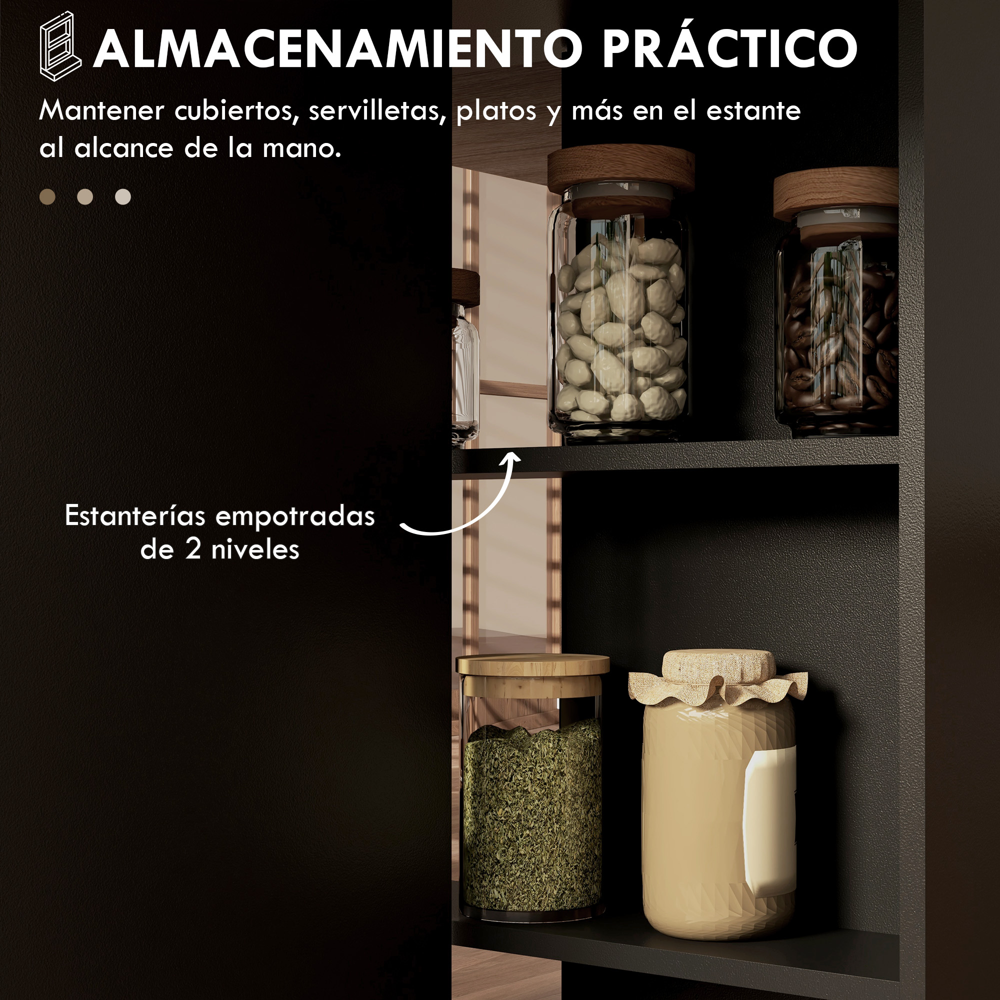 Almacenamiento práctico con frascos y recipientes en un estante.