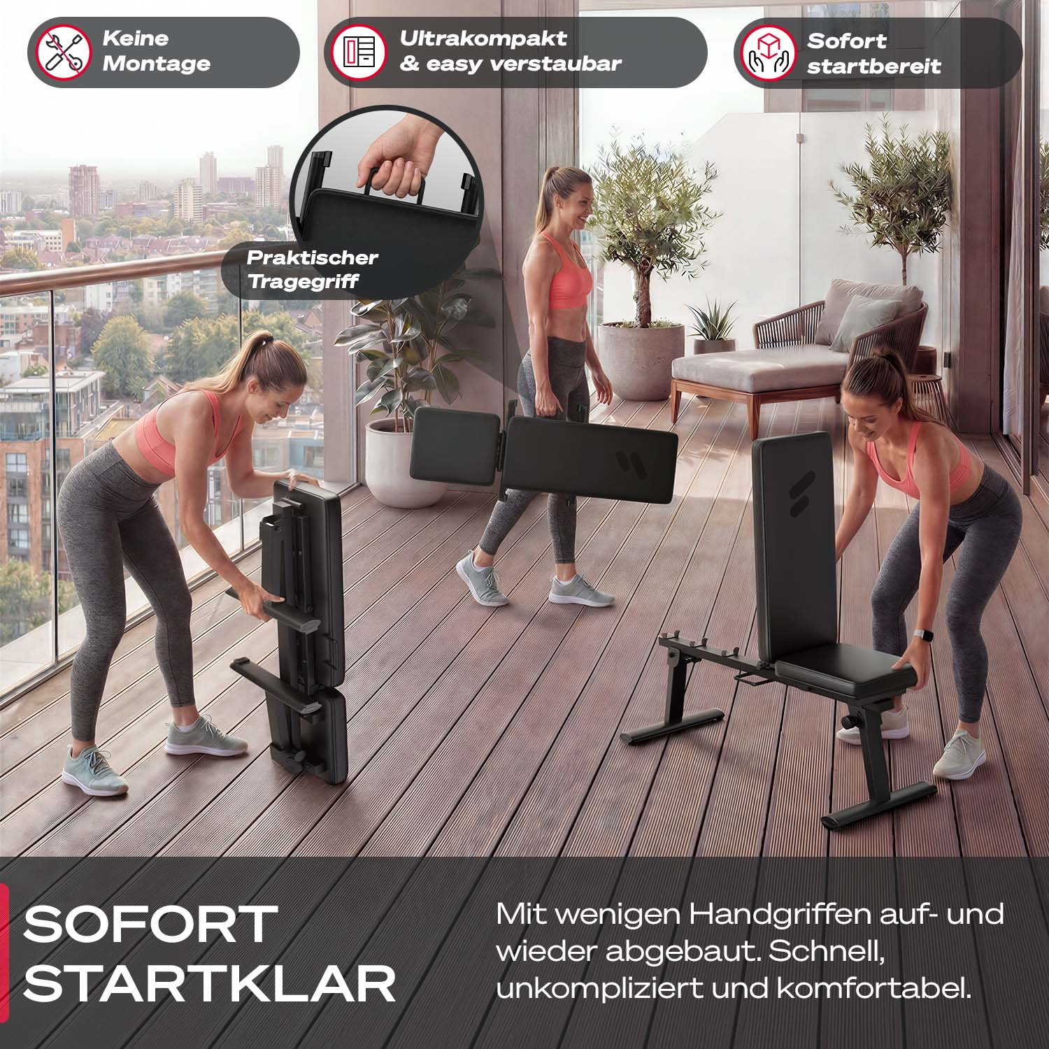 Zwei Frauen bauen ein Trainingsgerät auf einem Balkon auf. Keine Montage.