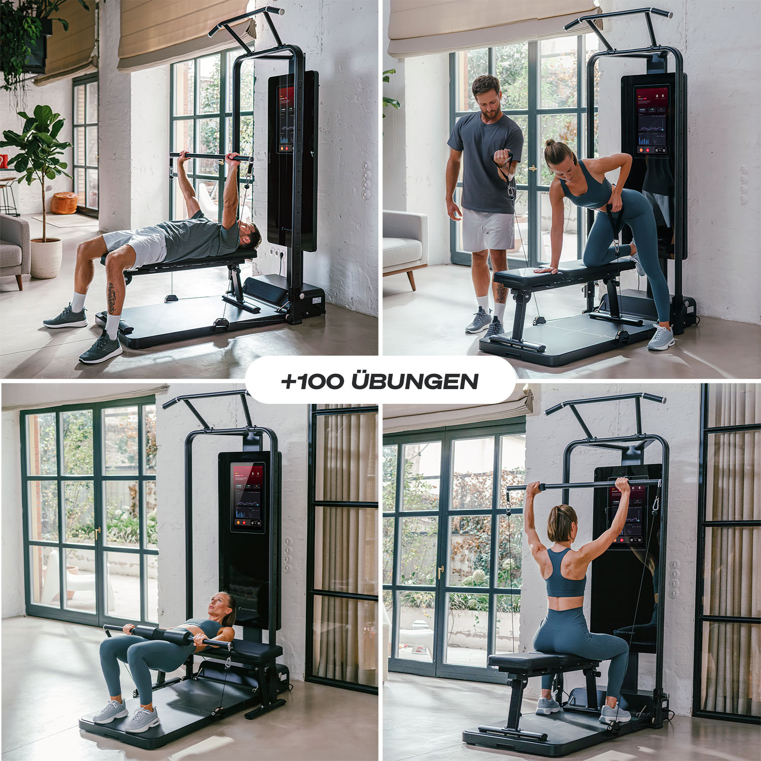 Vier Fitnessübungen auf einem Gerät: Bankdrücken, Kabelzug, Hip Thrust und Schulterdrücken.
