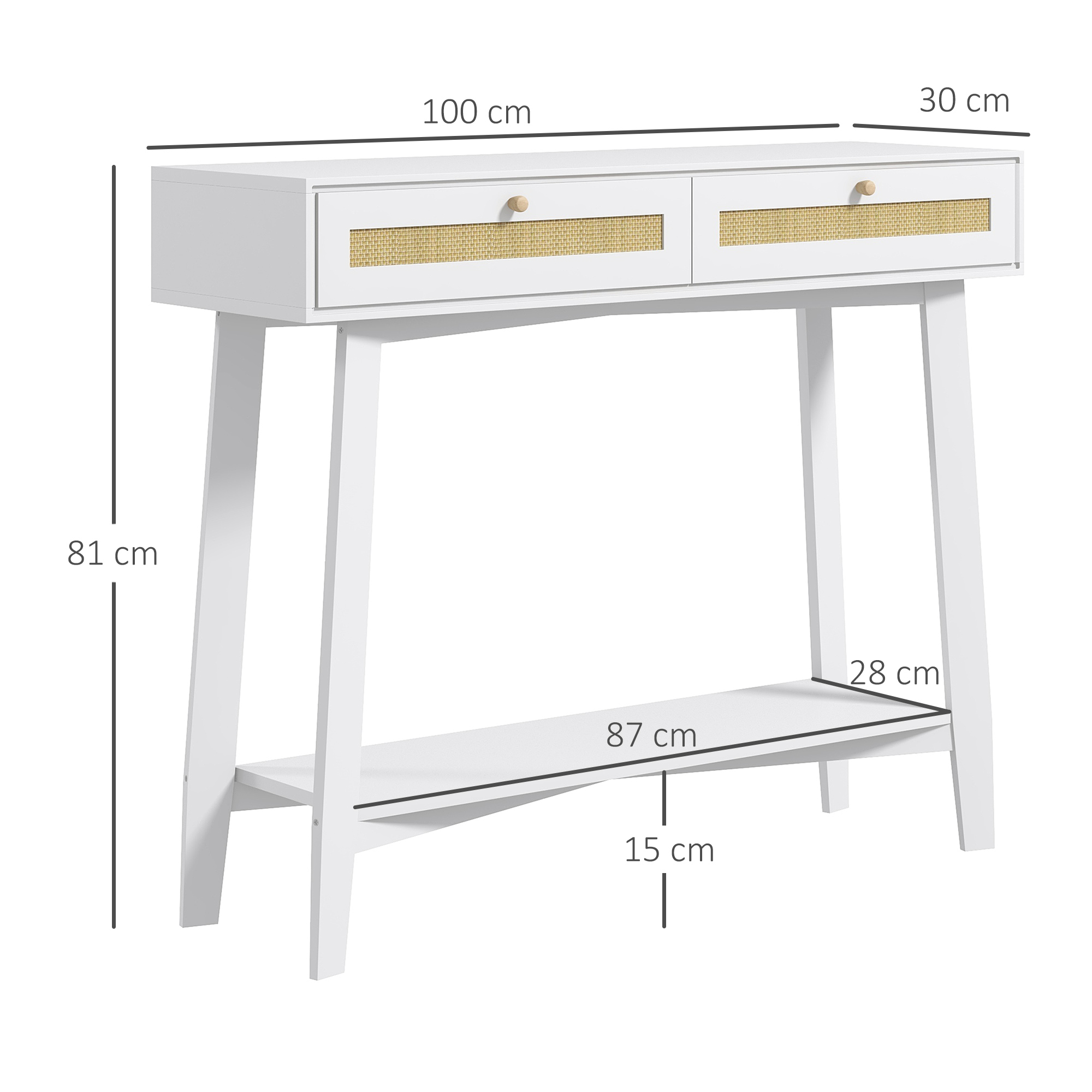 Mesa consola blanca con dos cajones y estante inferior. Dimensiones: 100x30x81 cm.