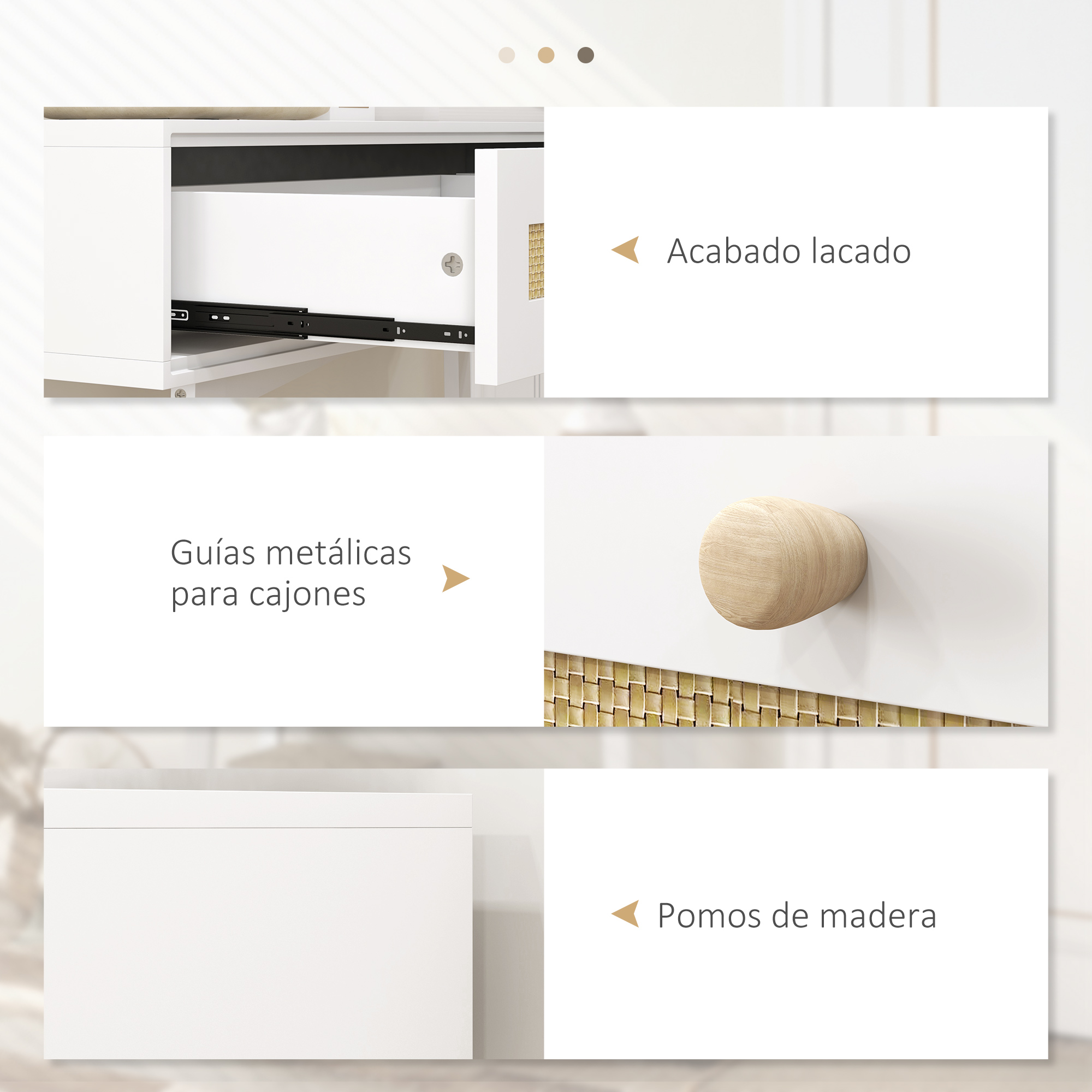 Detalles de un armario blanco con tirador de madera, guías metálicas y detalle tejido.