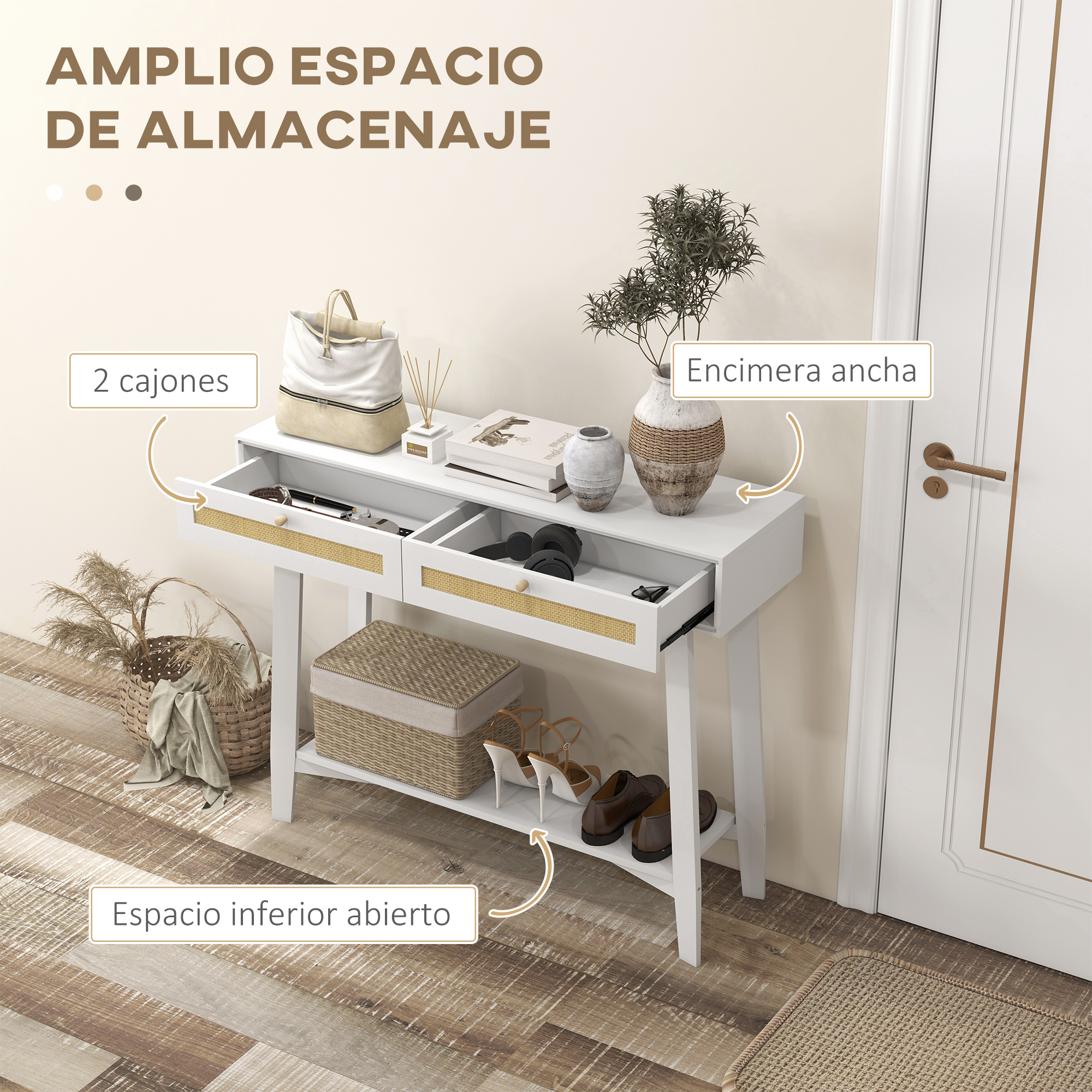 Una mesa consola blanca con dos cajones, un estante ancho y detalles tejidos.