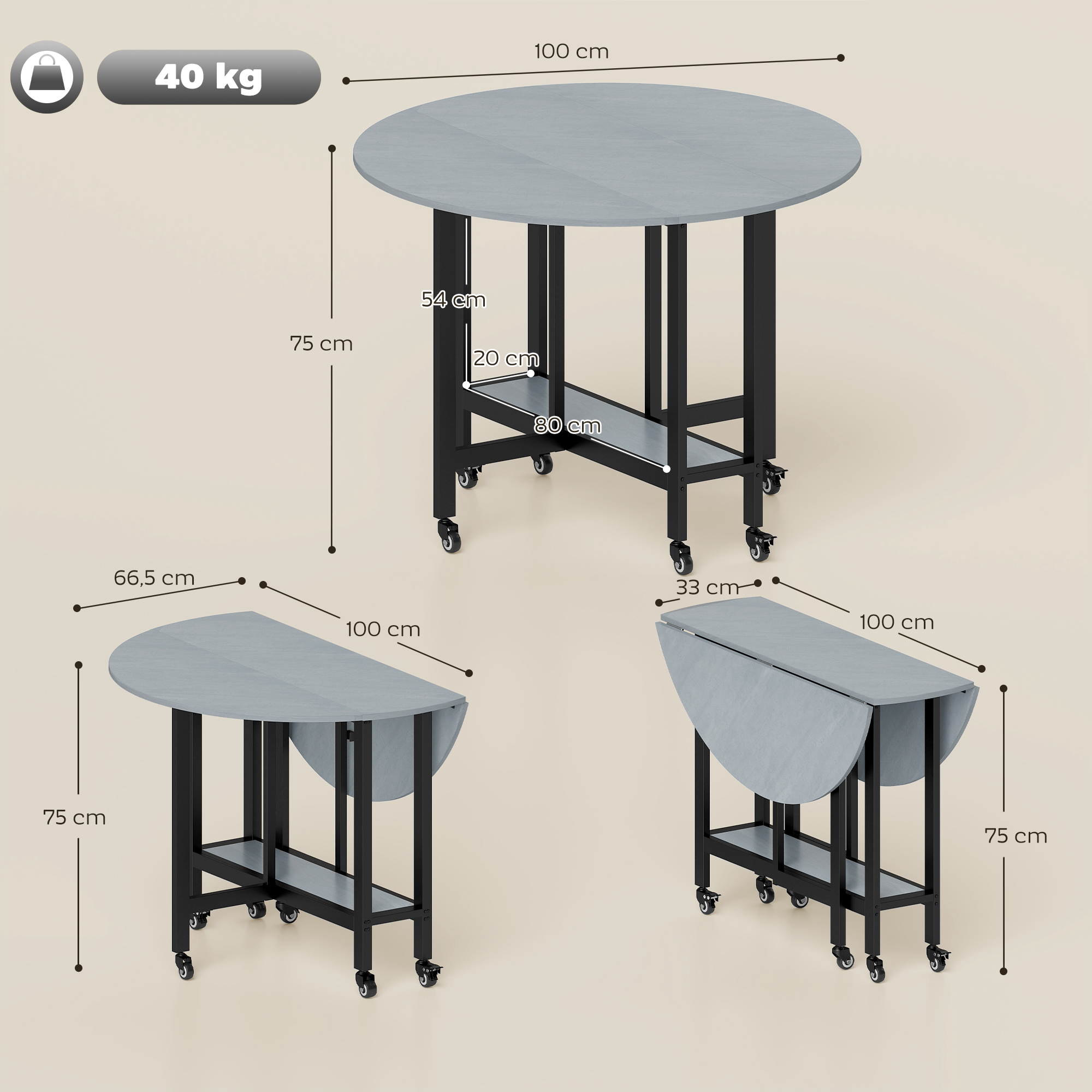 Una mesa plegable gris con patas y ruedas negras. Carga máxima 40kg.