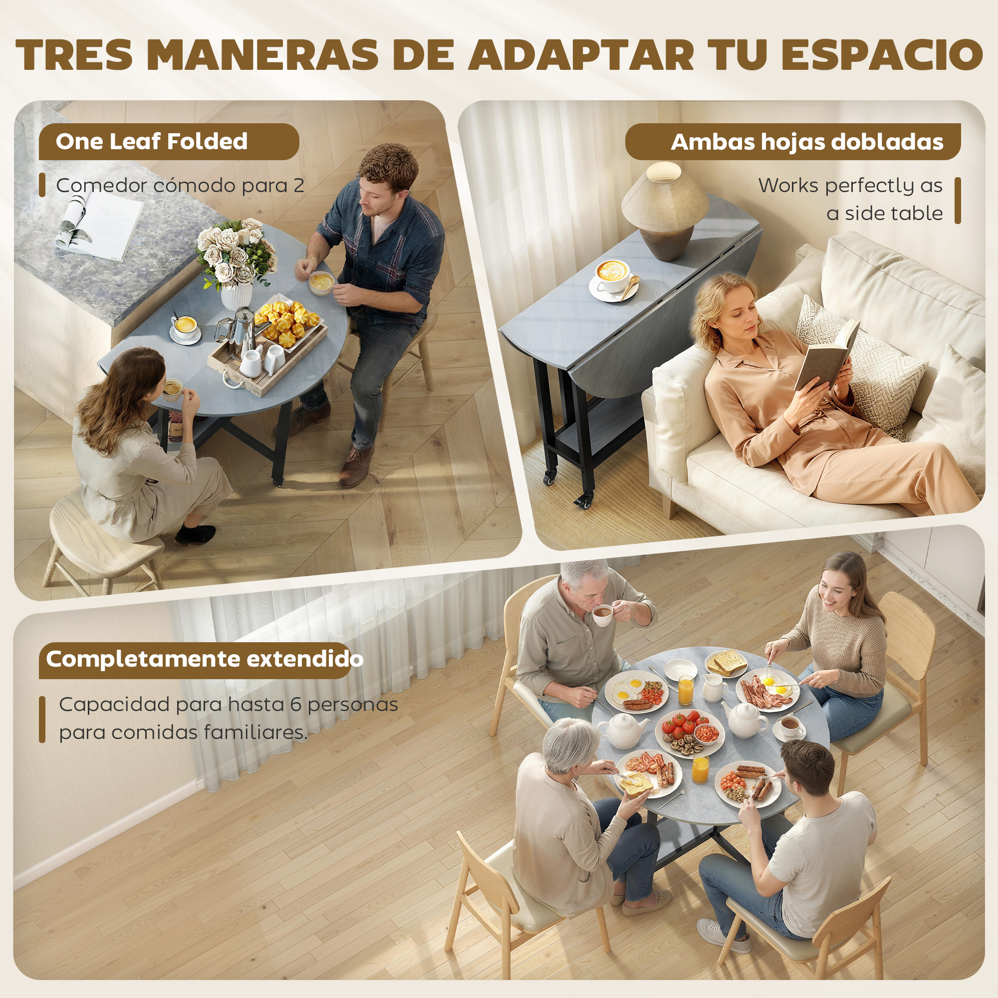 Mesa plegable en tres modos: para 2 personas, como mesa auxiliar o para 6 personas.
