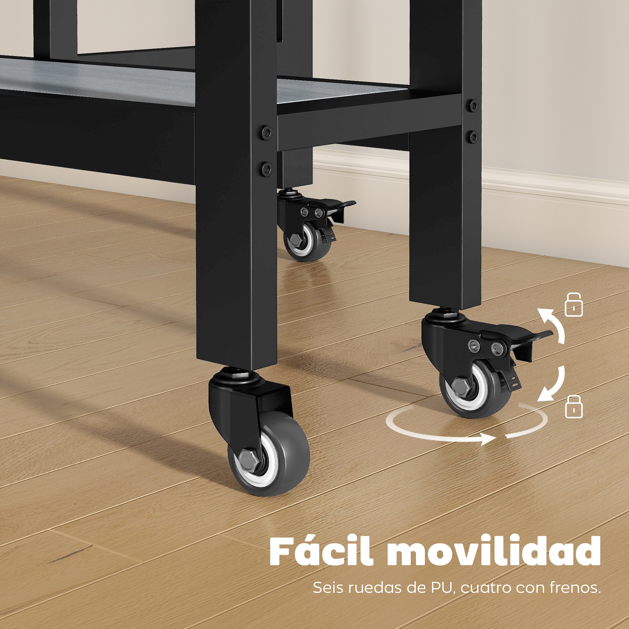 Estructura negra con ruedas sobre suelo de madera, con iconos de bloqueo.