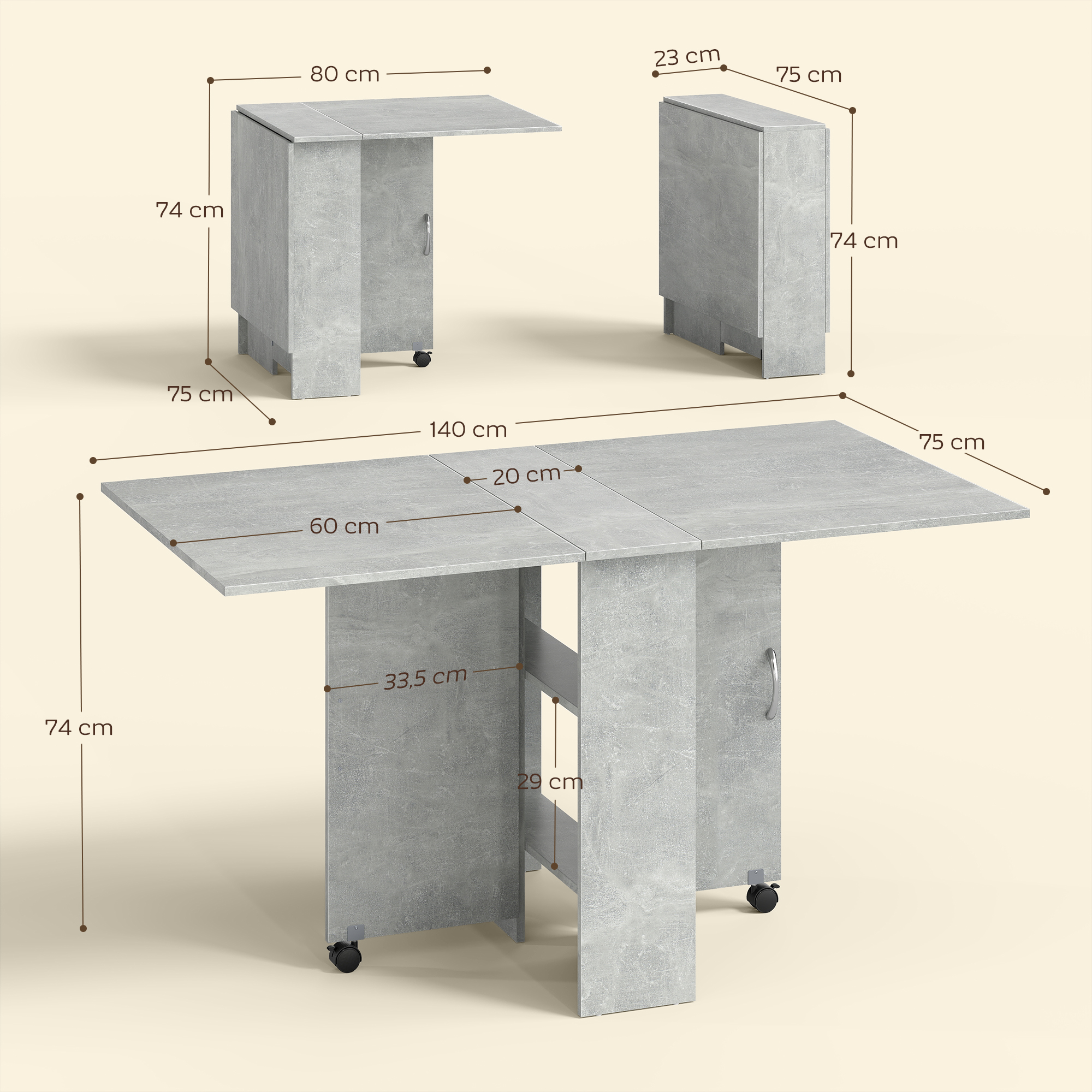 Mesa plegable con aspecto de hormigón, desplegada y plegada, con dimensiones.