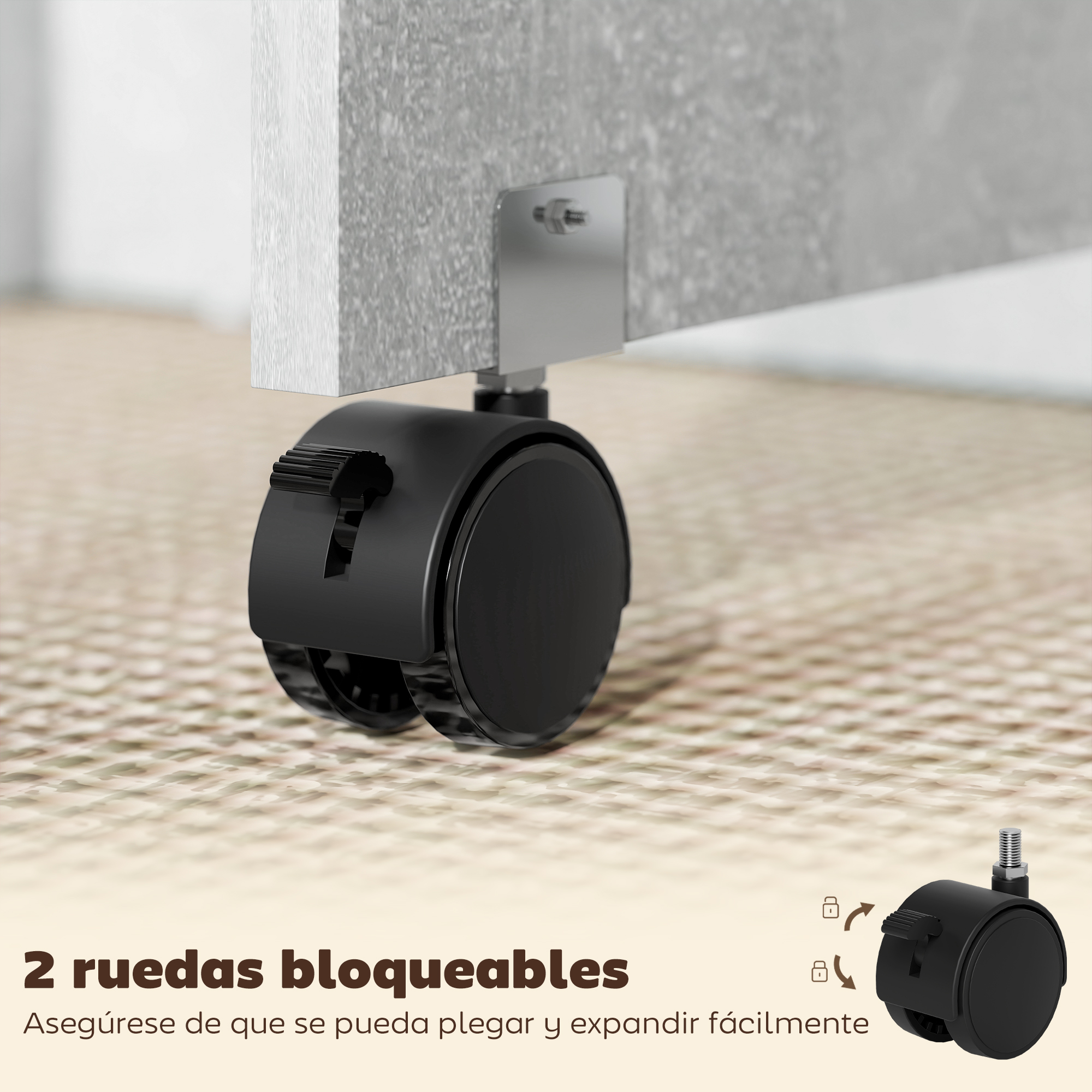 Dos ruedas negras para muebles con palanca de bloqueo en un mueble gris.