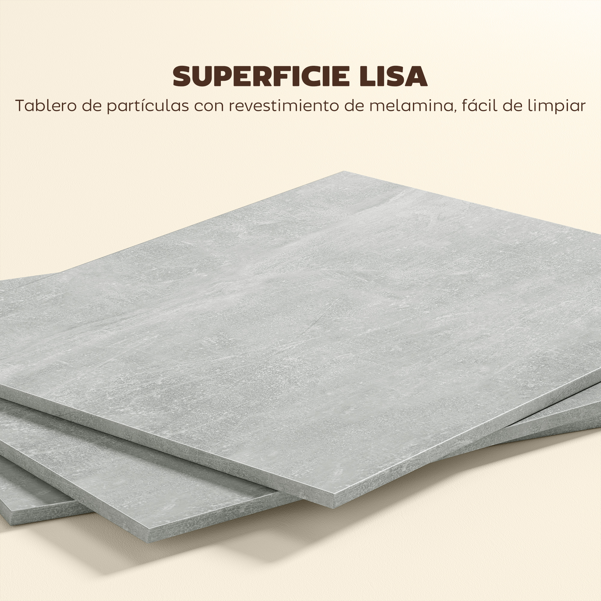 Tableros de partículas grises con revestimiento de melamina.