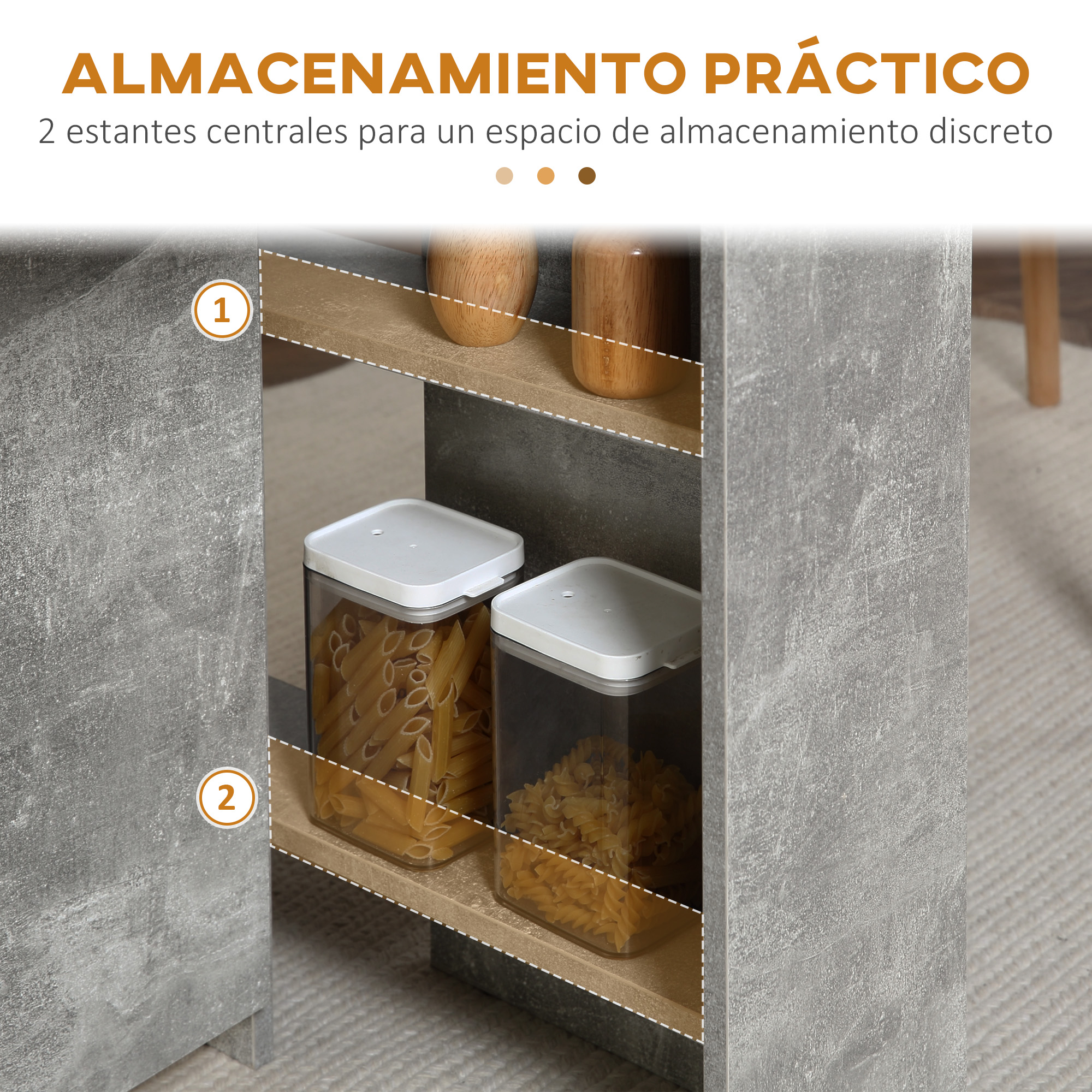 Dos recipientes transparentes con pasta en un estante frente a un estante de hormigón.