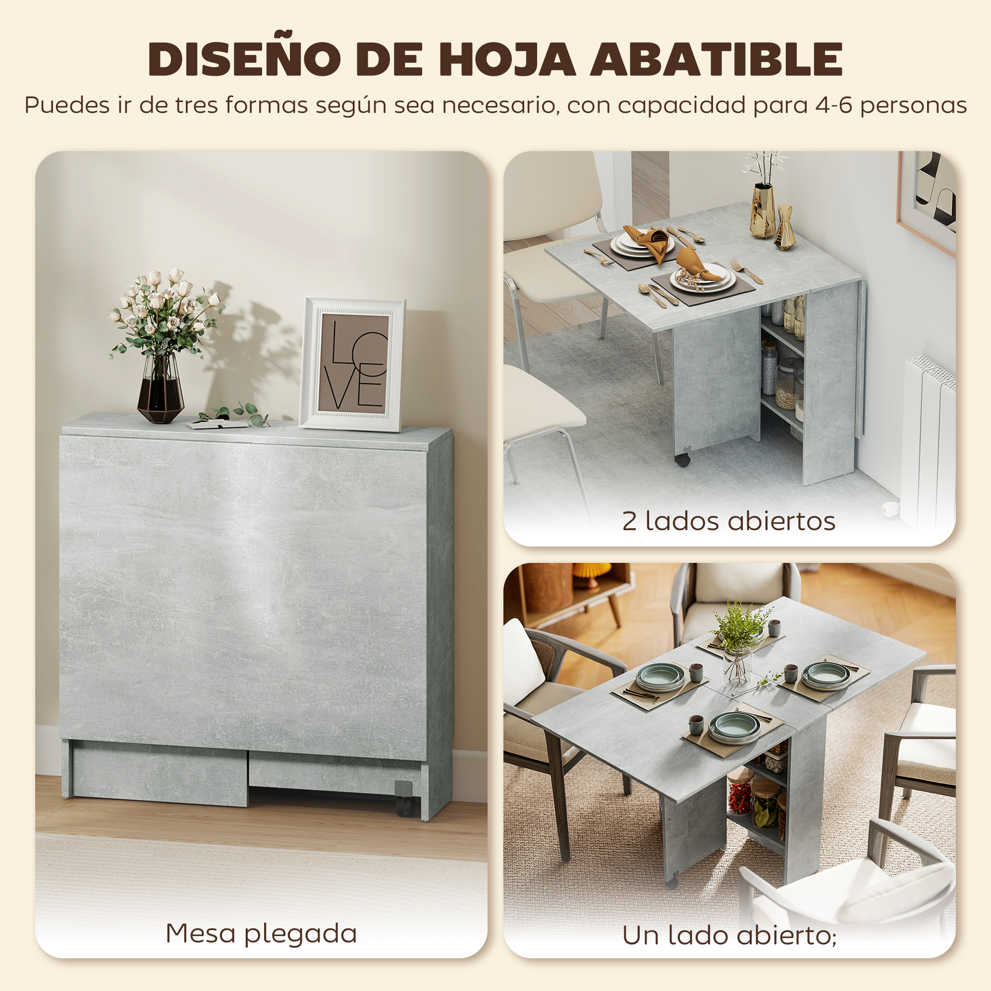 Mesa de comedor gris en tres configuraciones: plegada, un lado abierto y ambos lados abiertos.