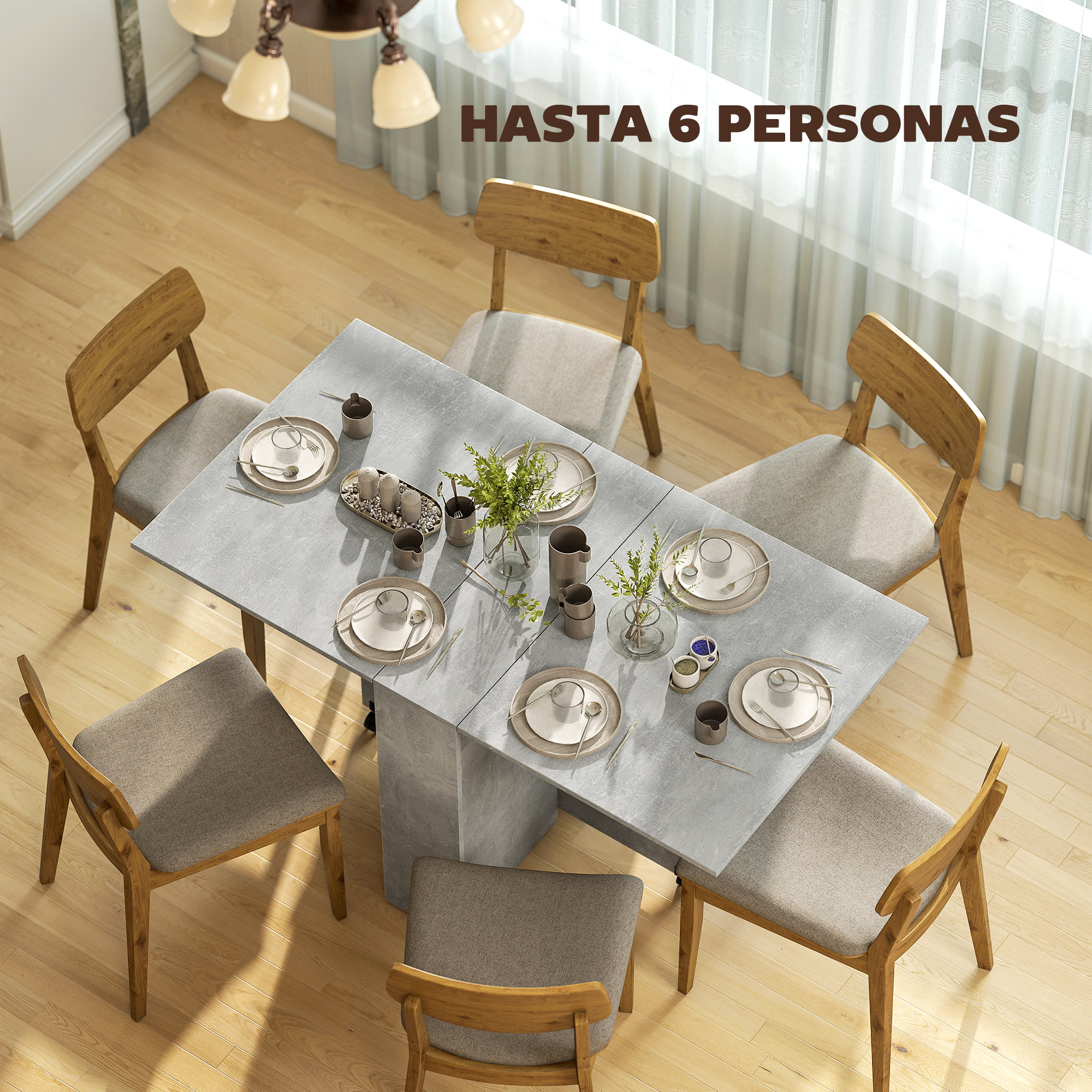 Mesa de comedor gris con seis sillas de madera, puesta para seis personas.