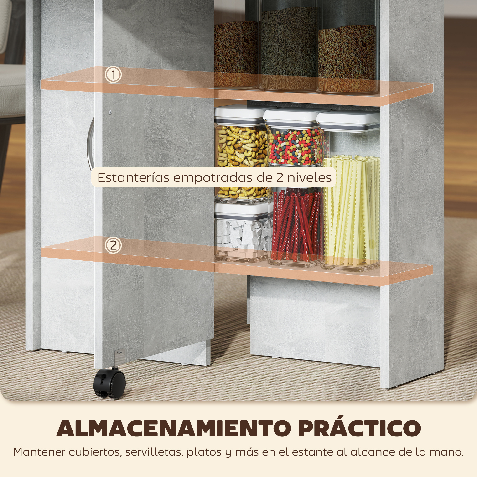 Un mueble de dos niveles con alimentos y pasta almacenados.