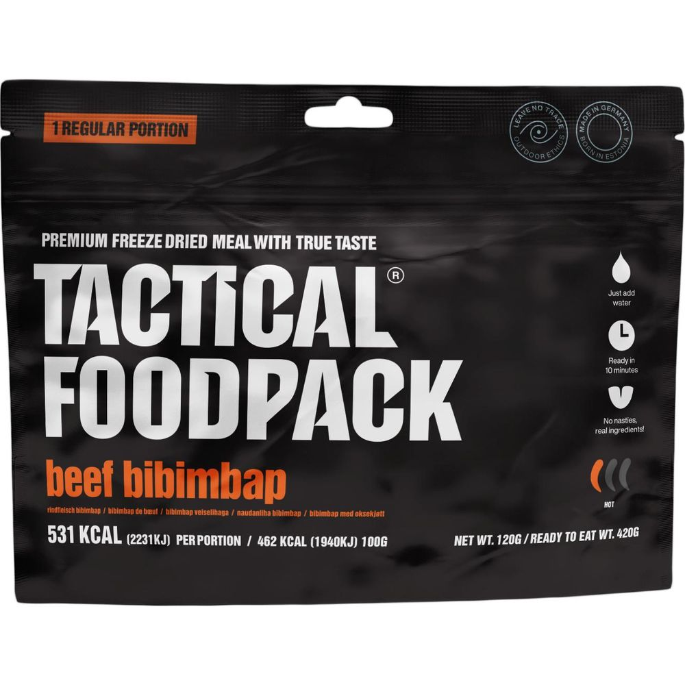 Confezione nera con testo "Tactical Foodpack Beef Bibimbap", 531 kcal.