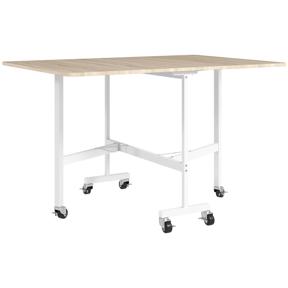 Mesa de madera clara con estructura metálica blanca y ruedas.
