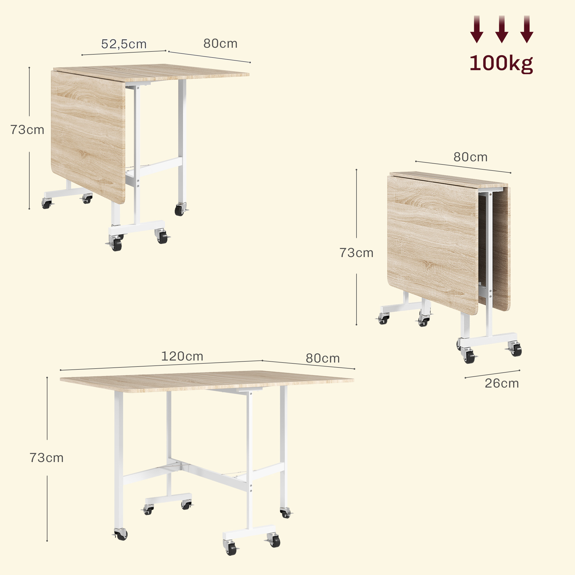 Tres mesas de madera con marcos y ruedas blancas. Dimensiones mostradas.