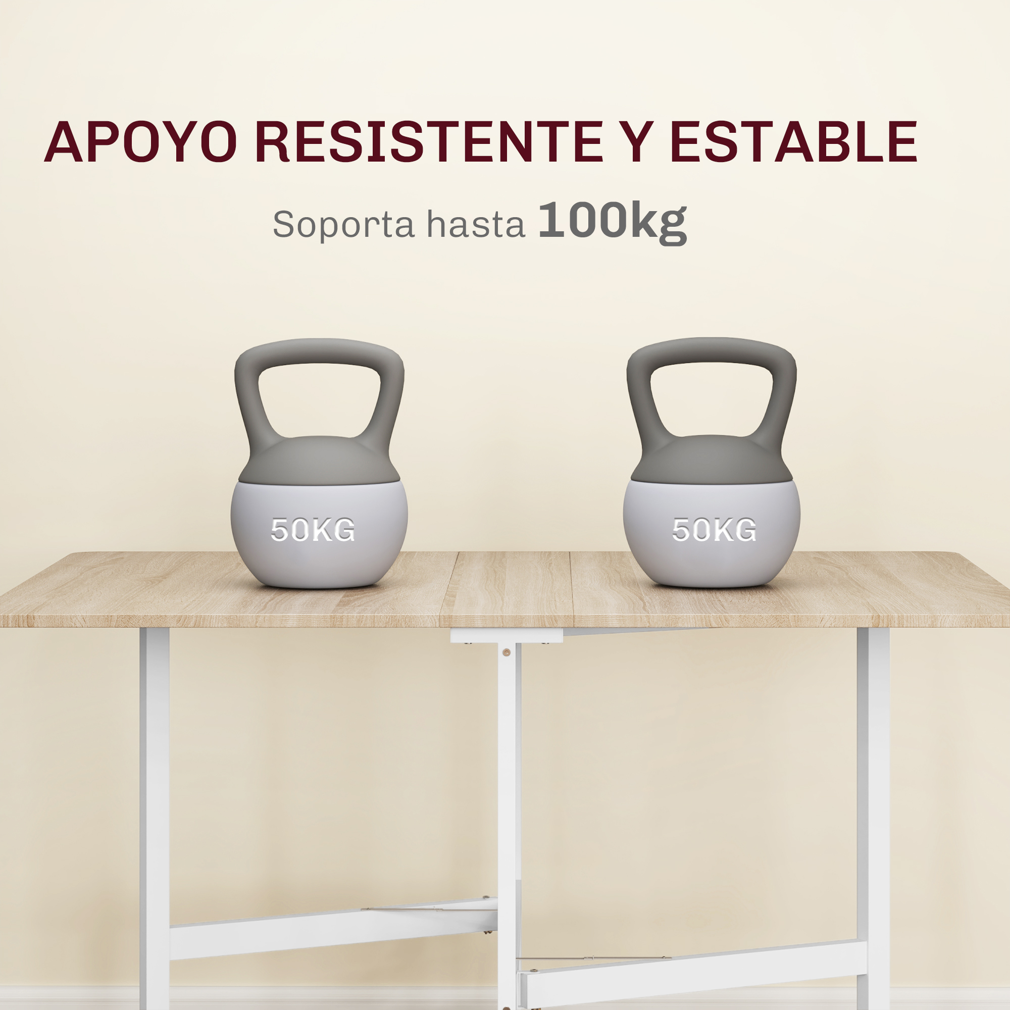 Dos pesas rusas de 50 kg sobre una mesa de madera con texto.