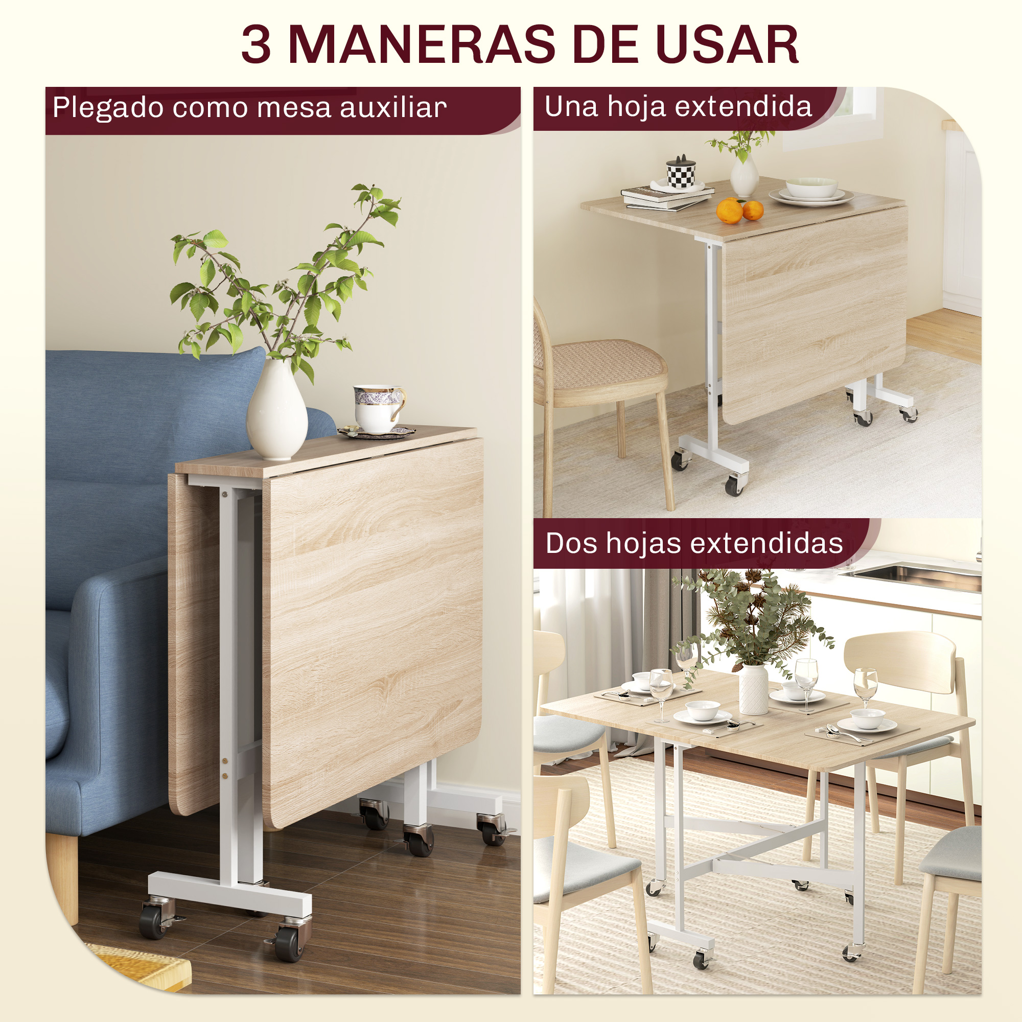 Una mesa plegable en tres configuraciones: plegada, una hoja extendida y dos hojas extendidas.