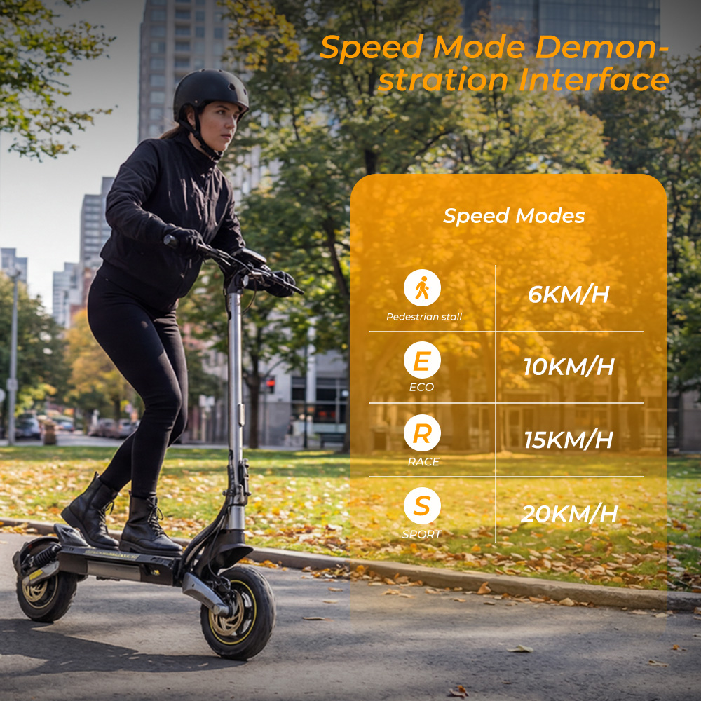 Una donna guida uno scooter elettrico, mostrando le modalità di velocità: 6, 10, 15, 20 km/h.