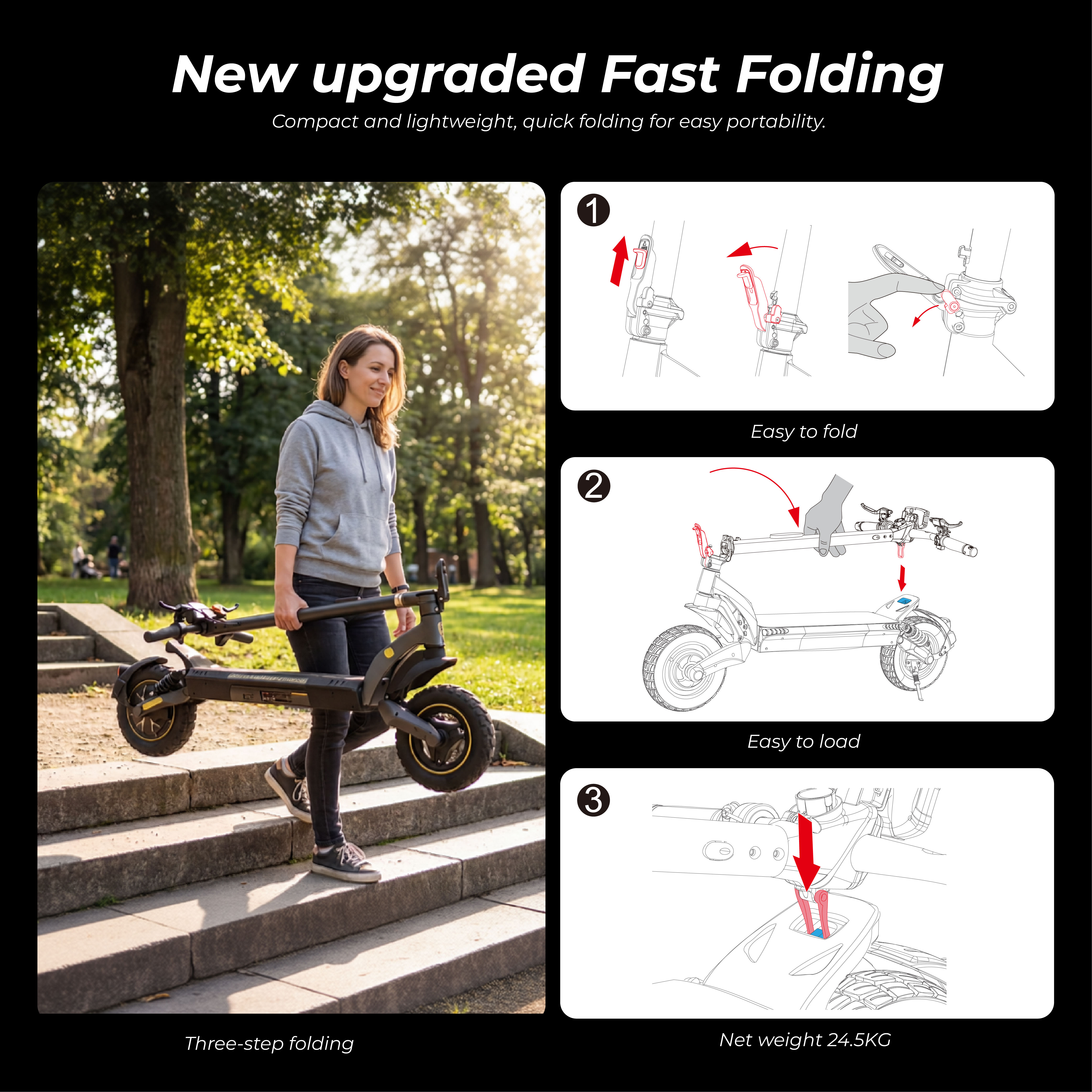 Una donna porta uno scooter pieghevole all'aperto, con diagrammi.