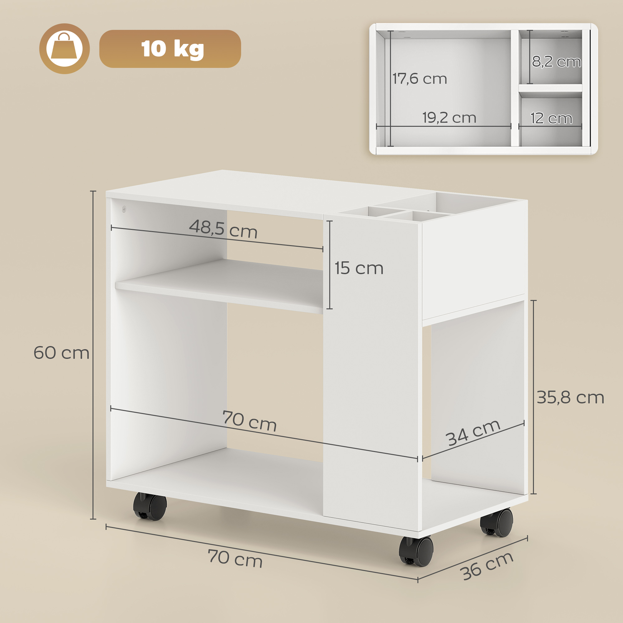 Un carrito blanco con ruedas, estantes y compartimentos, se muestran dimensiones.