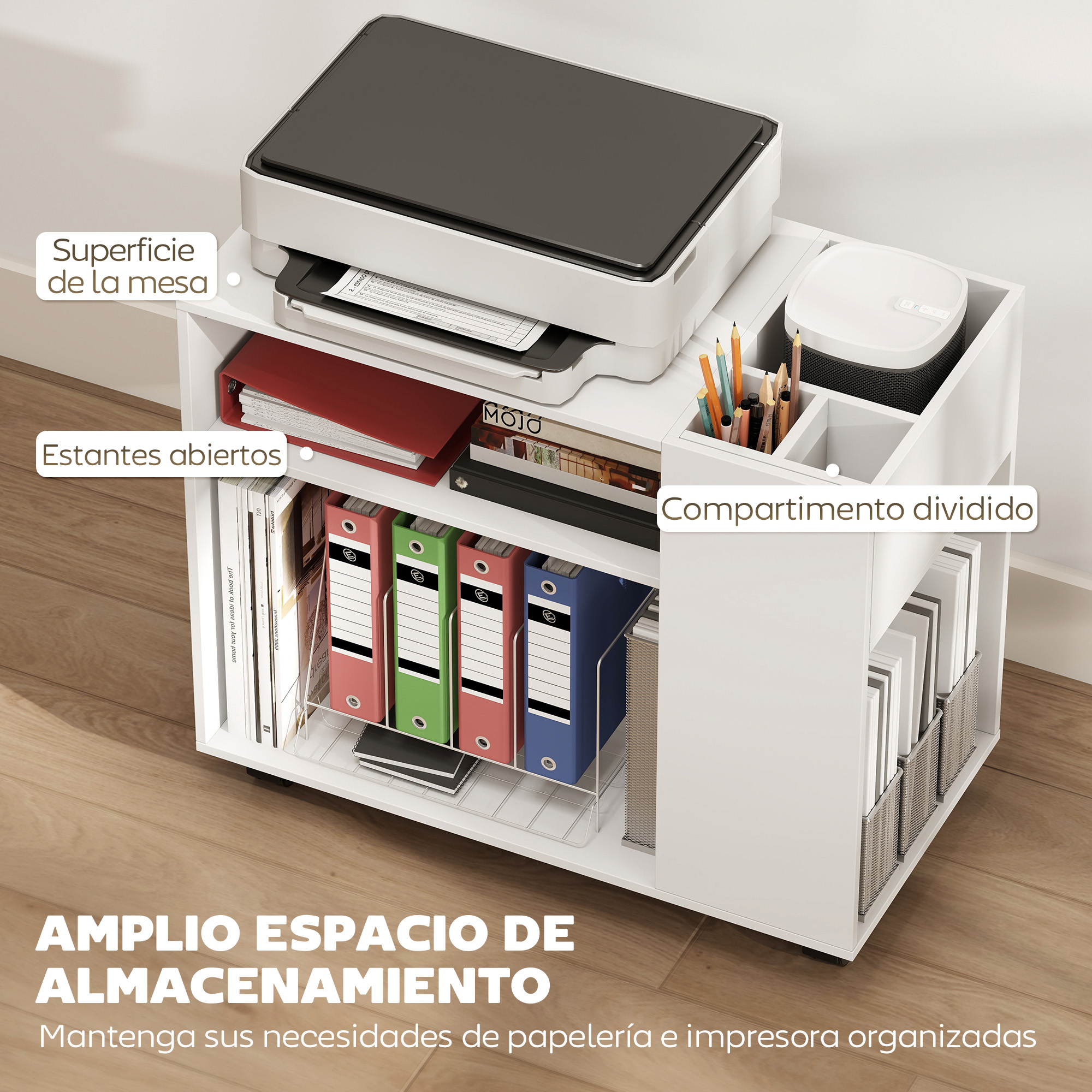 Un carrito de oficina blanco con impresora, carpetas, bolígrafos y libros.