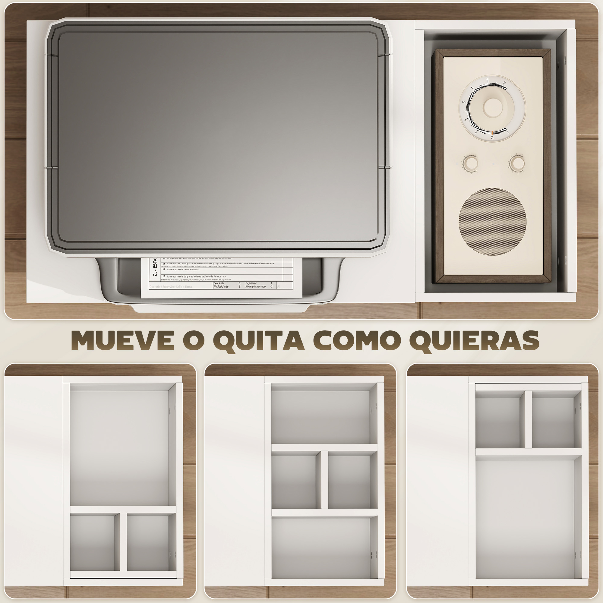 Una impresora, una radio y armarios blancos con compartimentos.