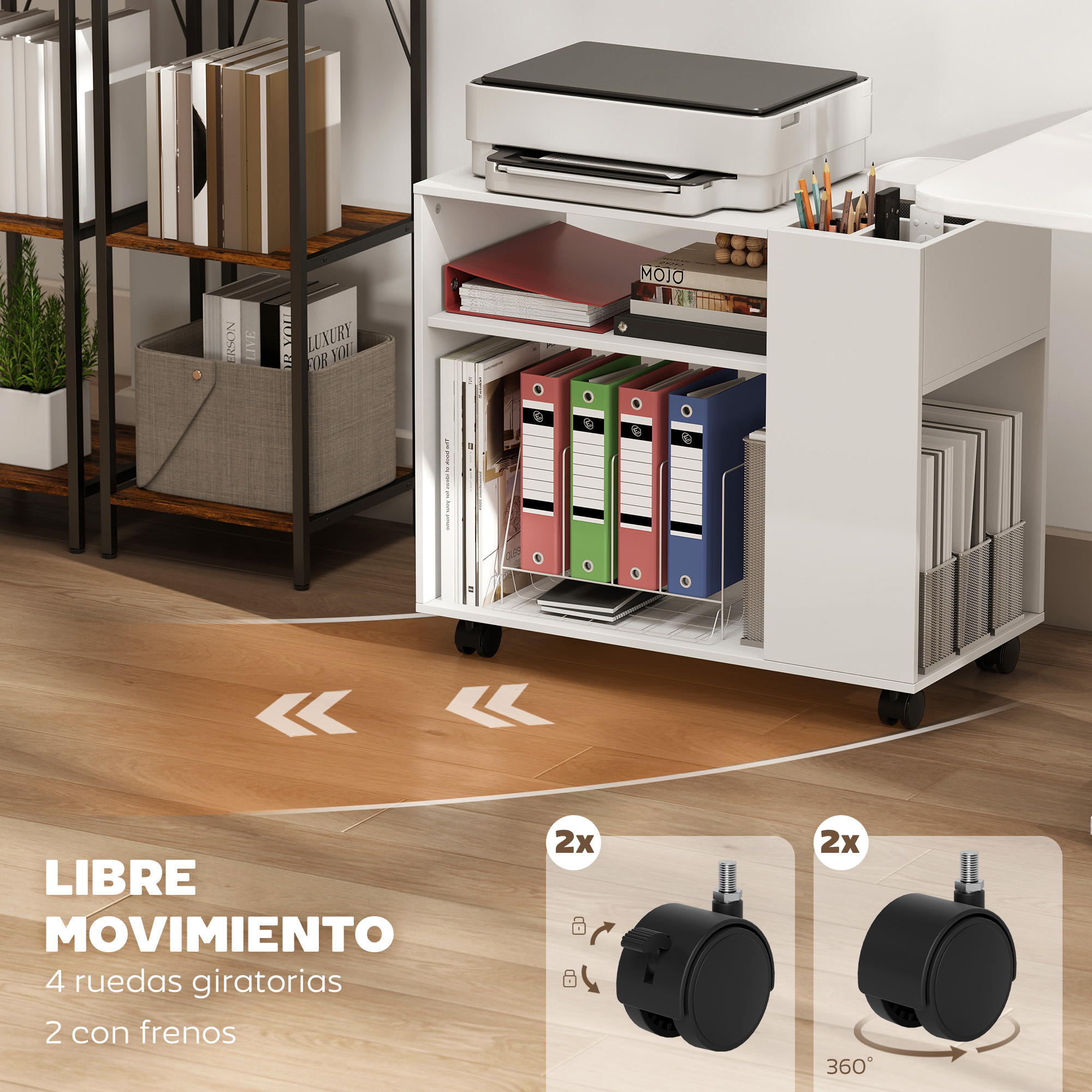 Un carrito de oficina blanco con impresora, carpetas, libros y plantas.