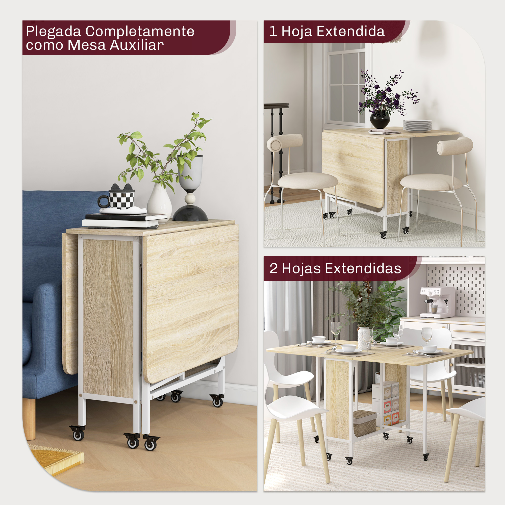 Una mesa plegable en tres estados: plegada, con una extensión y con ambas extensiones.