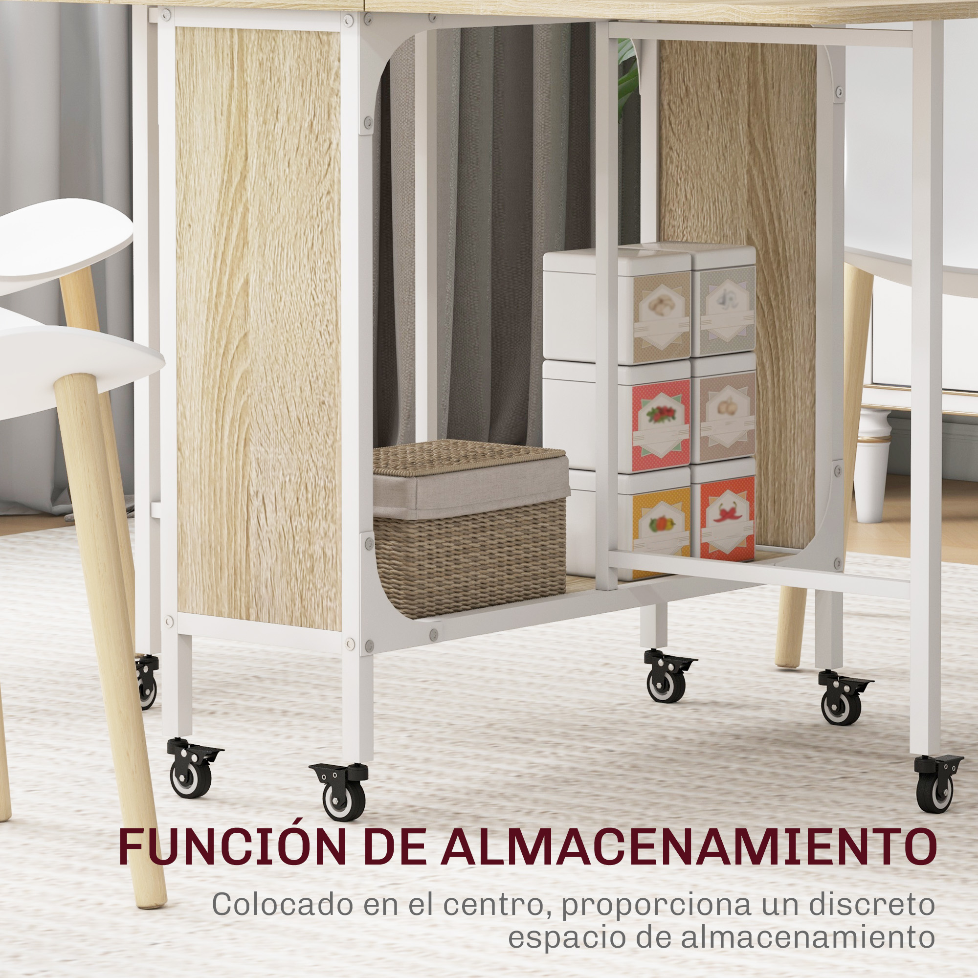 Una mesa rodante blanca con paneles de madera, contenedores y latas decorativas.
