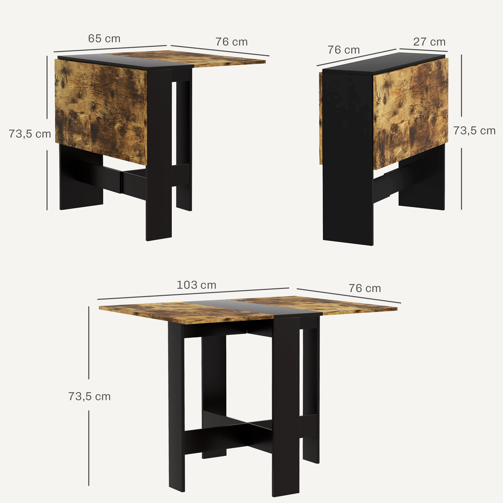 Mesa abatible con tablero veteado en madera y patas negras, se muestran las dimensiones.