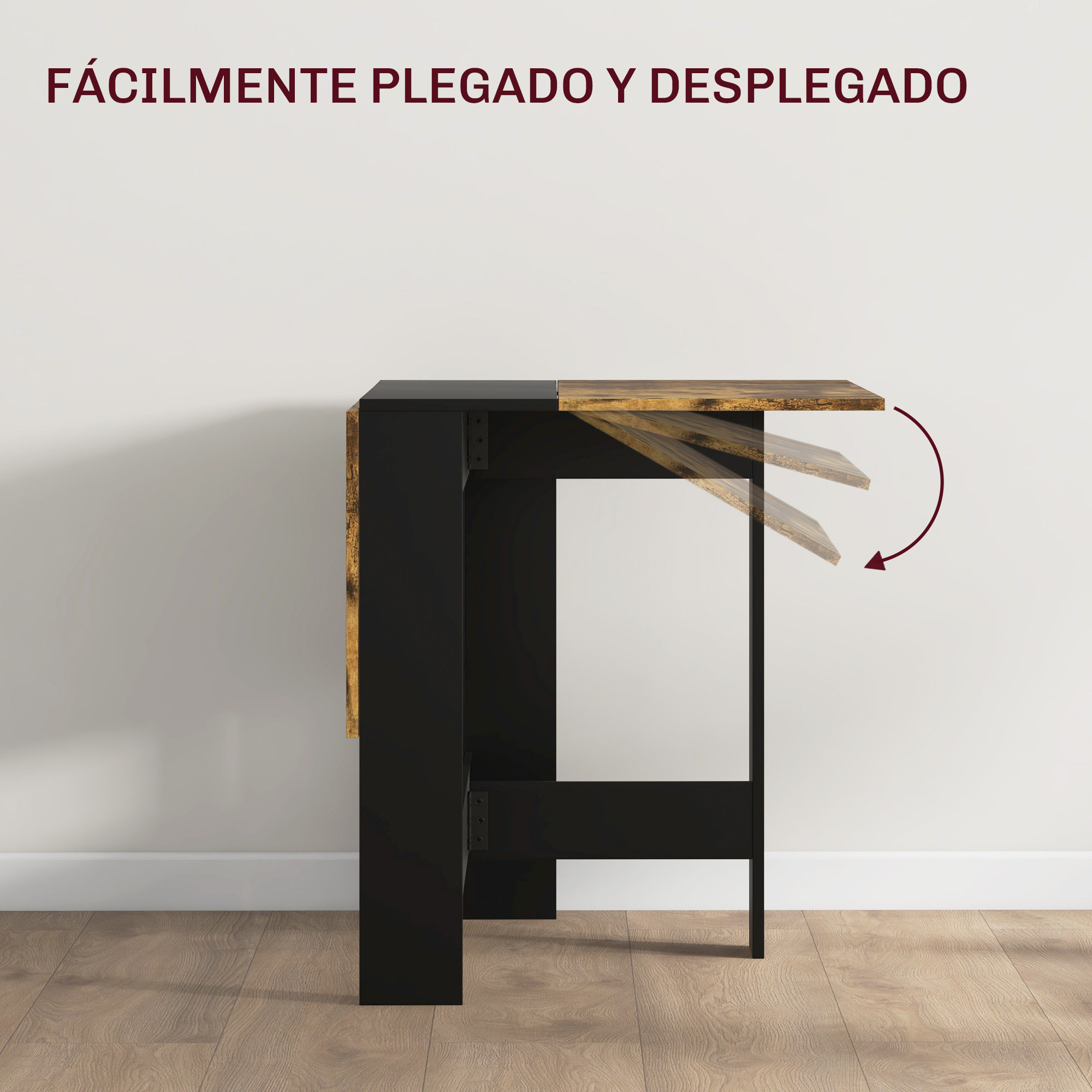 Mesa negra con tablero de madera abatible que se pliega hacia abajo.