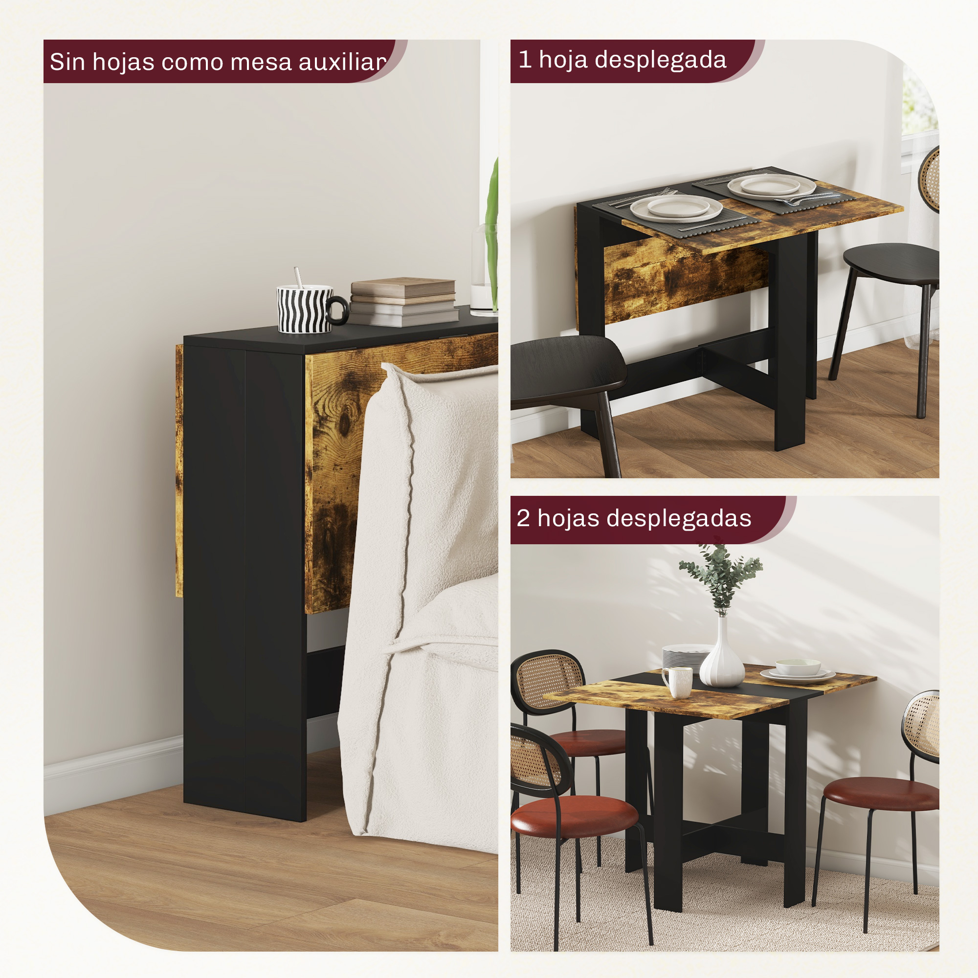 Mesa de comedor plegable en tres configuraciones: plegada, una hoja extendida, dos hojas extendidas.