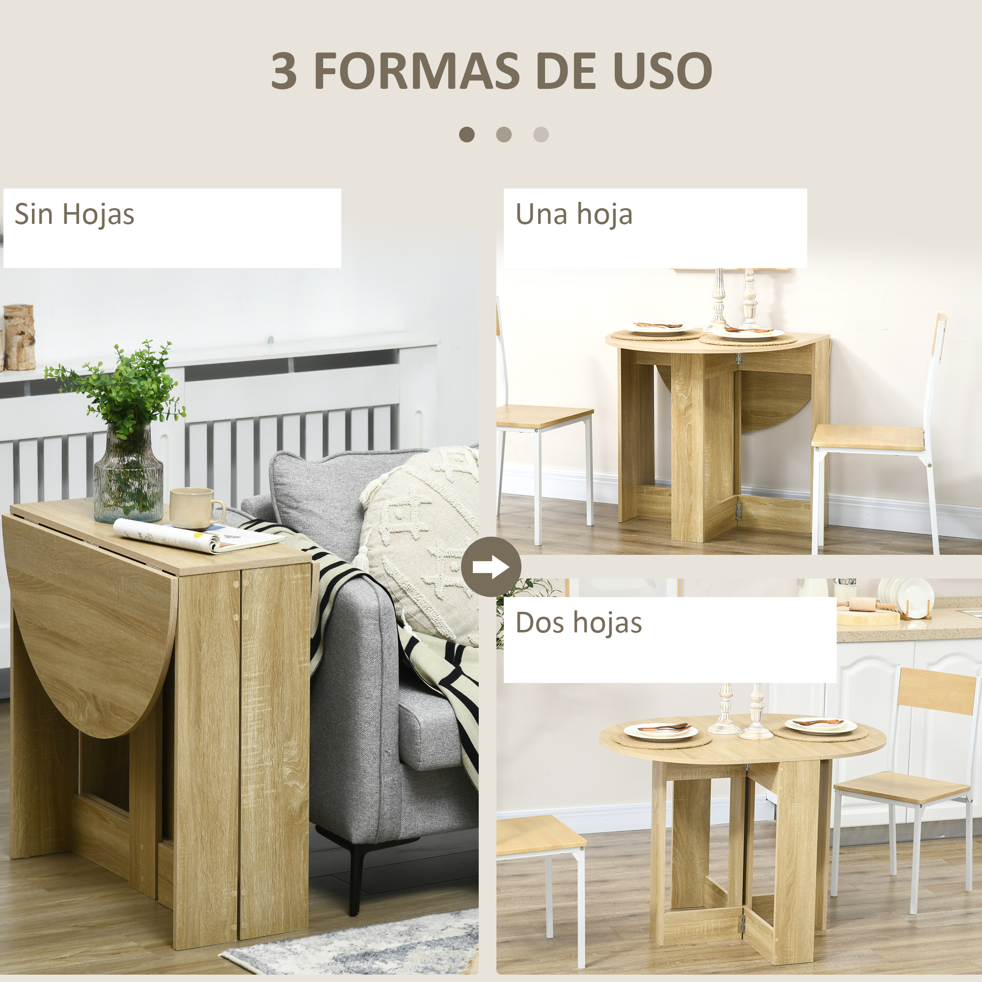 Mesa de madera plegable en tres configuraciones: cerrada, semiabierta y completamente abierta con sillas.