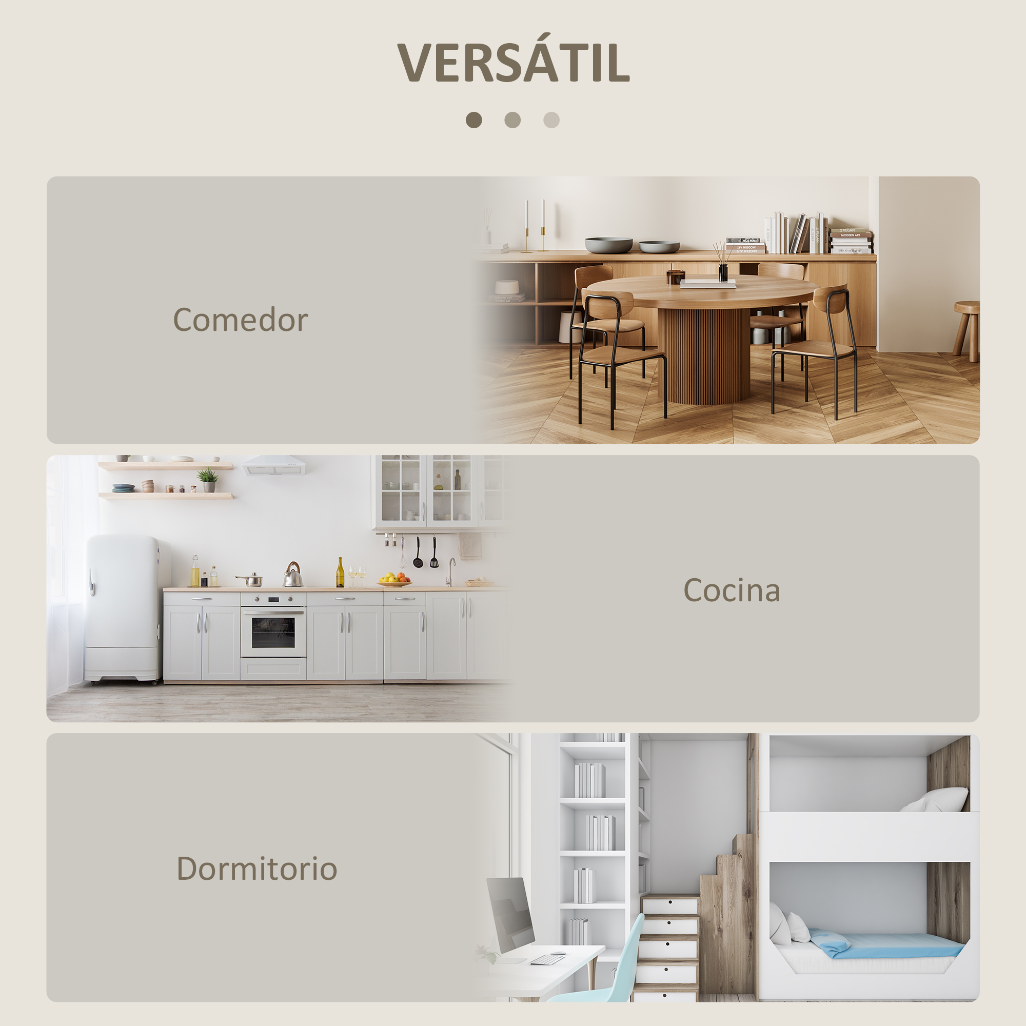 Espacios modernos: comedor, cocina y dormitorio con literas.