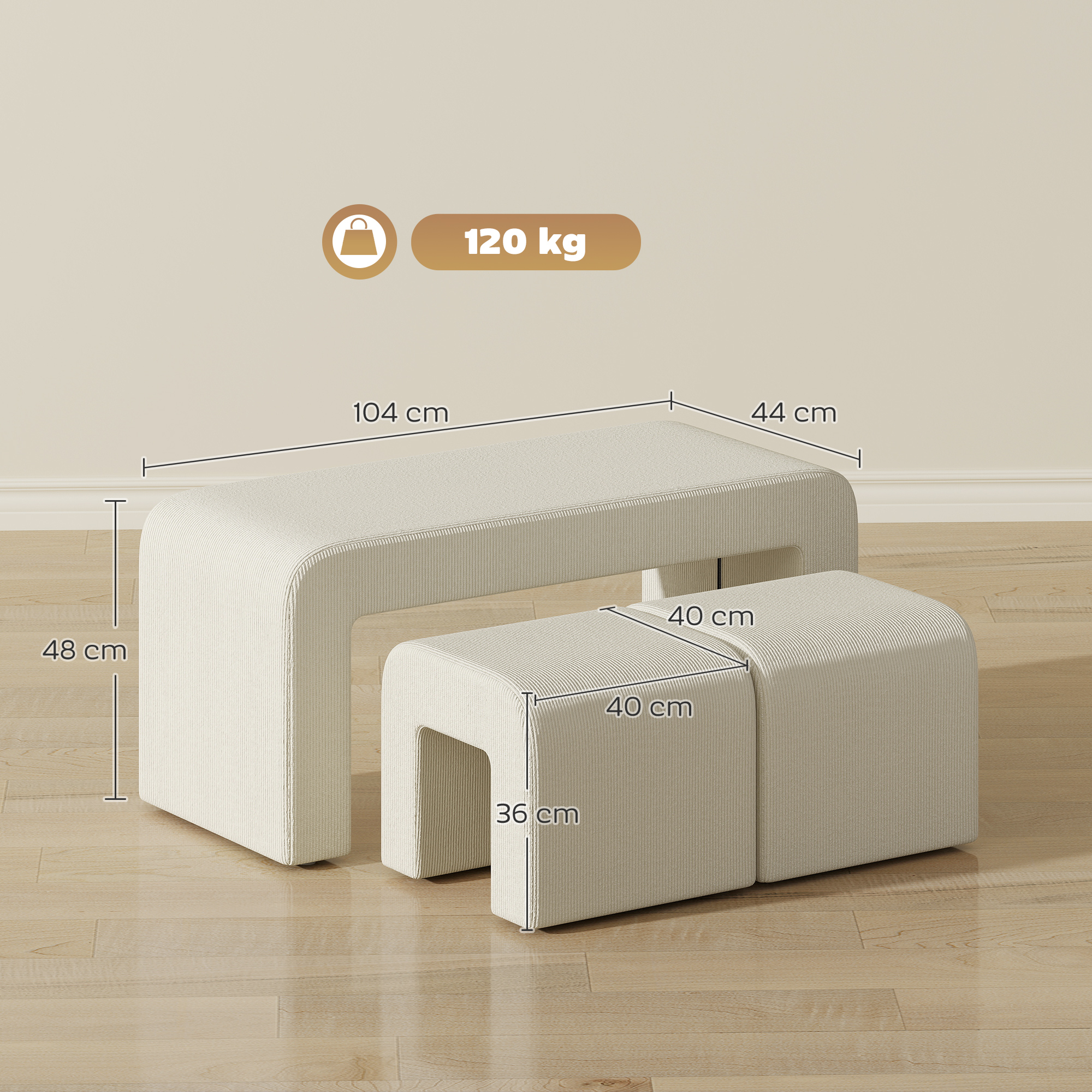 Dos otomanas color crema con dimensiones: 104x48x44 cm y 40x36x40 cm.