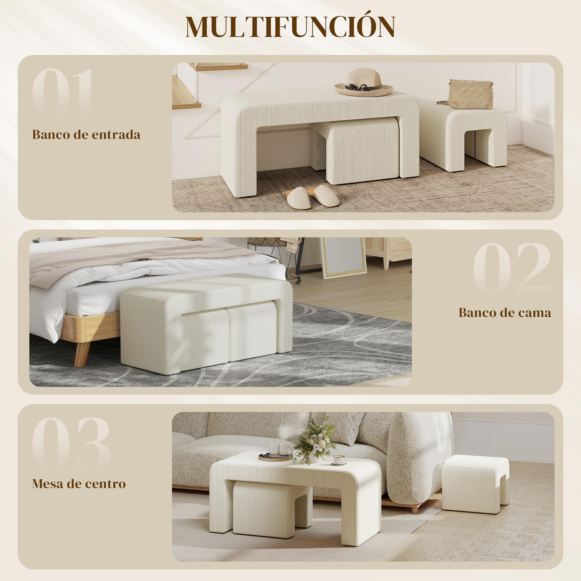 Un juego de tres piezas con un taburete, una mesita y una mesa más grande en crema.