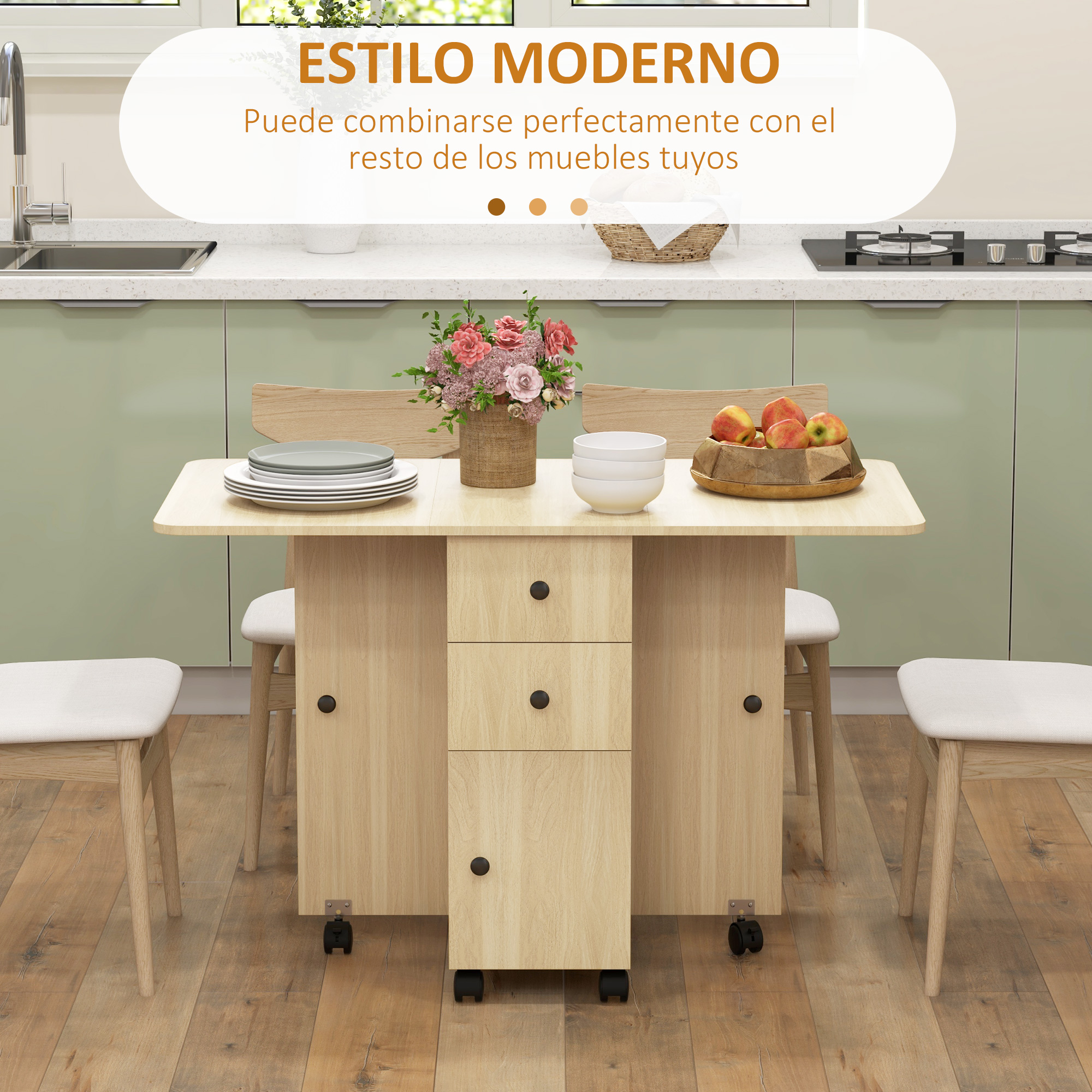 Mesa de cocina extensible con sillas, frutero y flores.