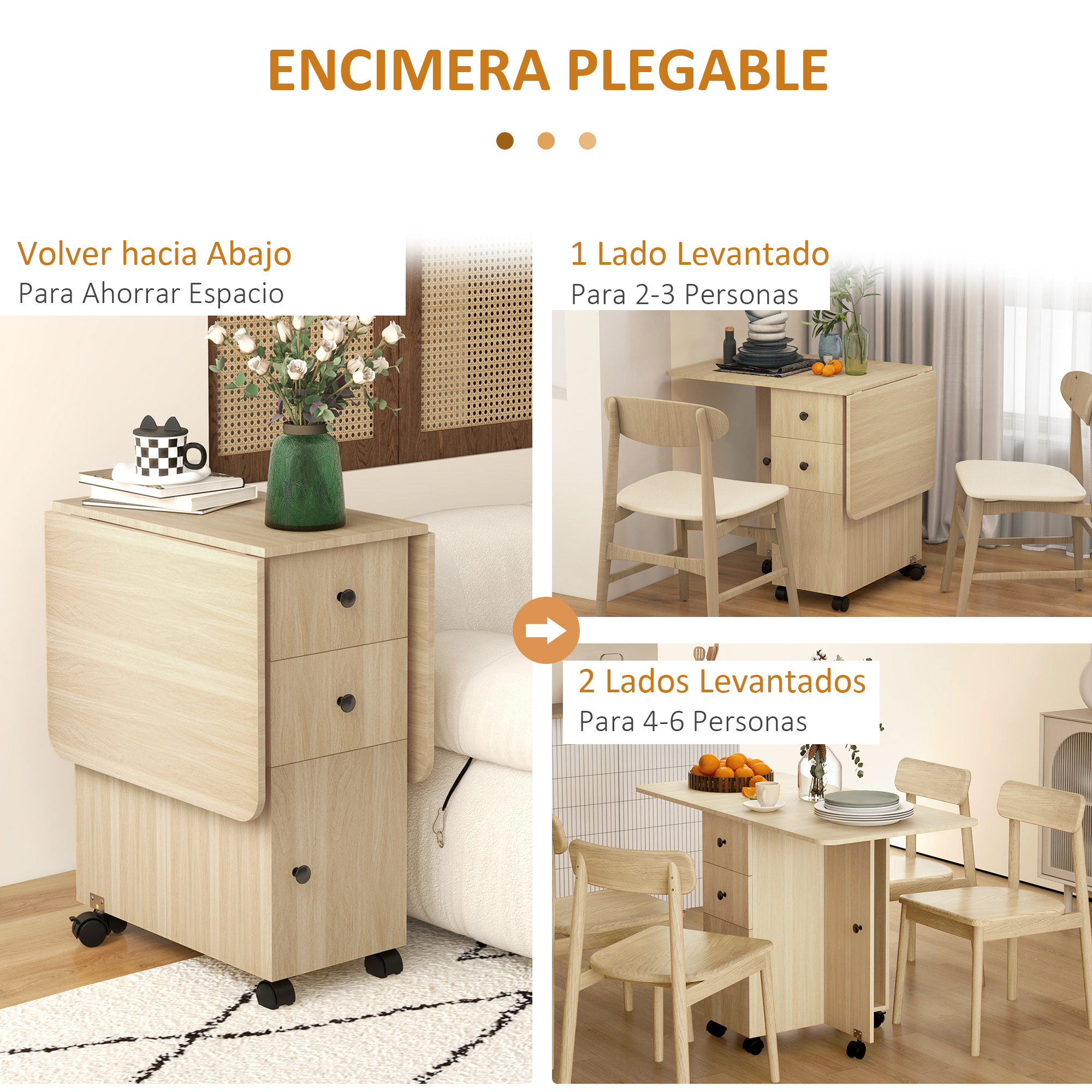 Una mesa plegable con sillas mostrada en tres modos: plegada, un lado extendido, ambos lados extendidos.