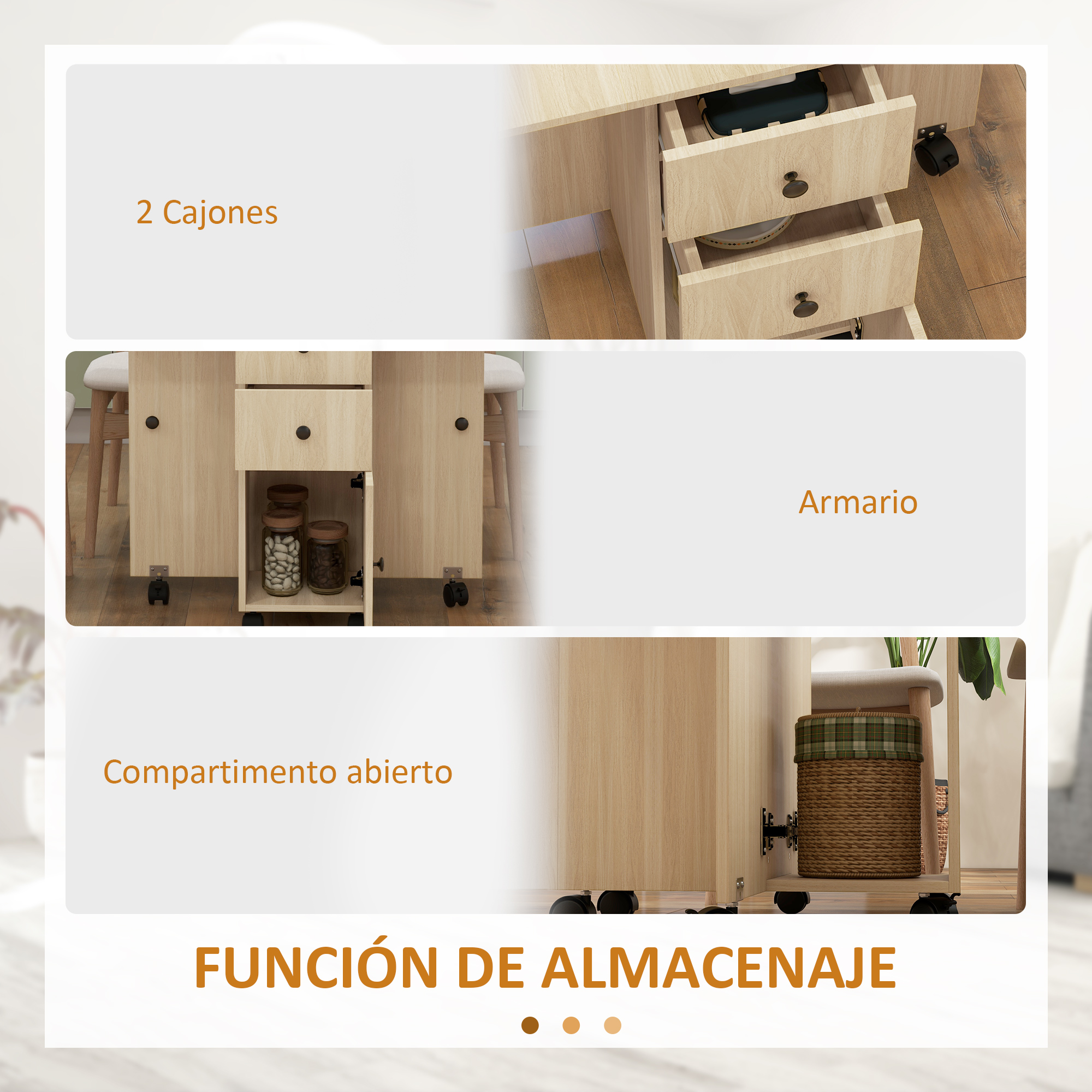 Mueble de madera con cajones, armario y compartimento abierto con ruedas.